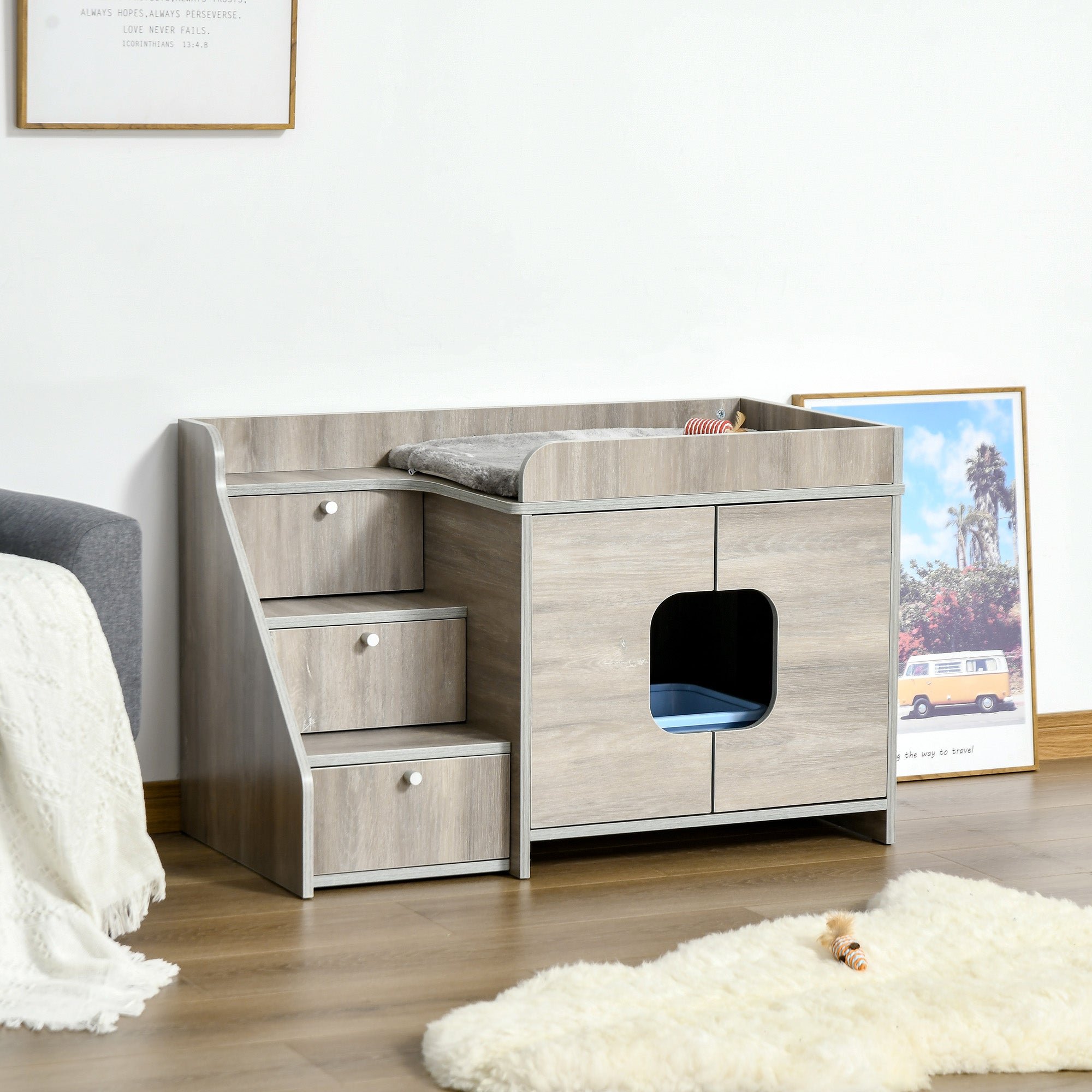 PawHut Hidden Litter Box Furniture Cat Washroom Decorative Kitten House Nightstand End Table Indoor with Multipurpose Ladder Cushion Oak