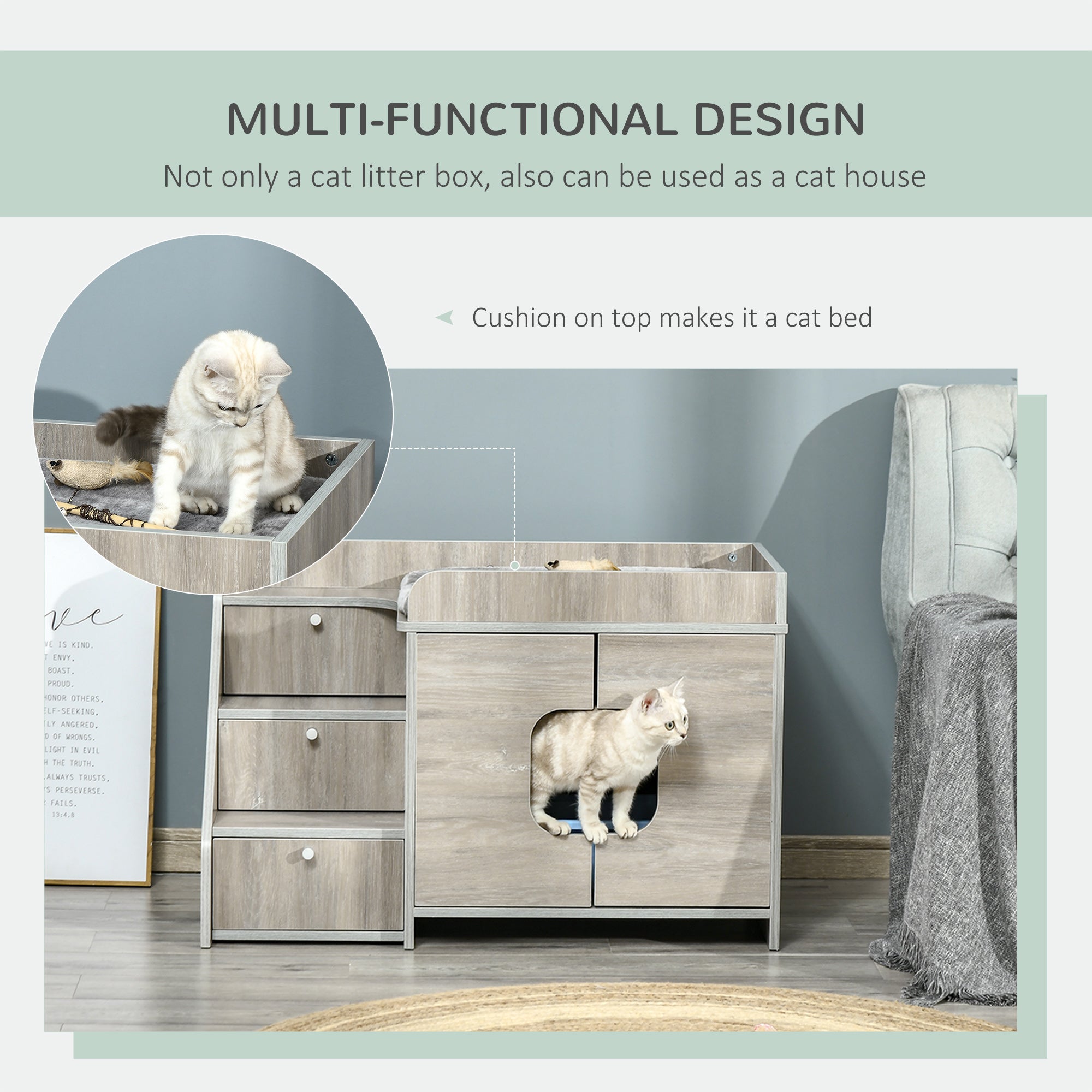 PawHut Hidden Litter Box Furniture Cat Washroom Decorative Kitten House Nightstand End Table Indoor with Multipurpose Ladder Cushion Oak