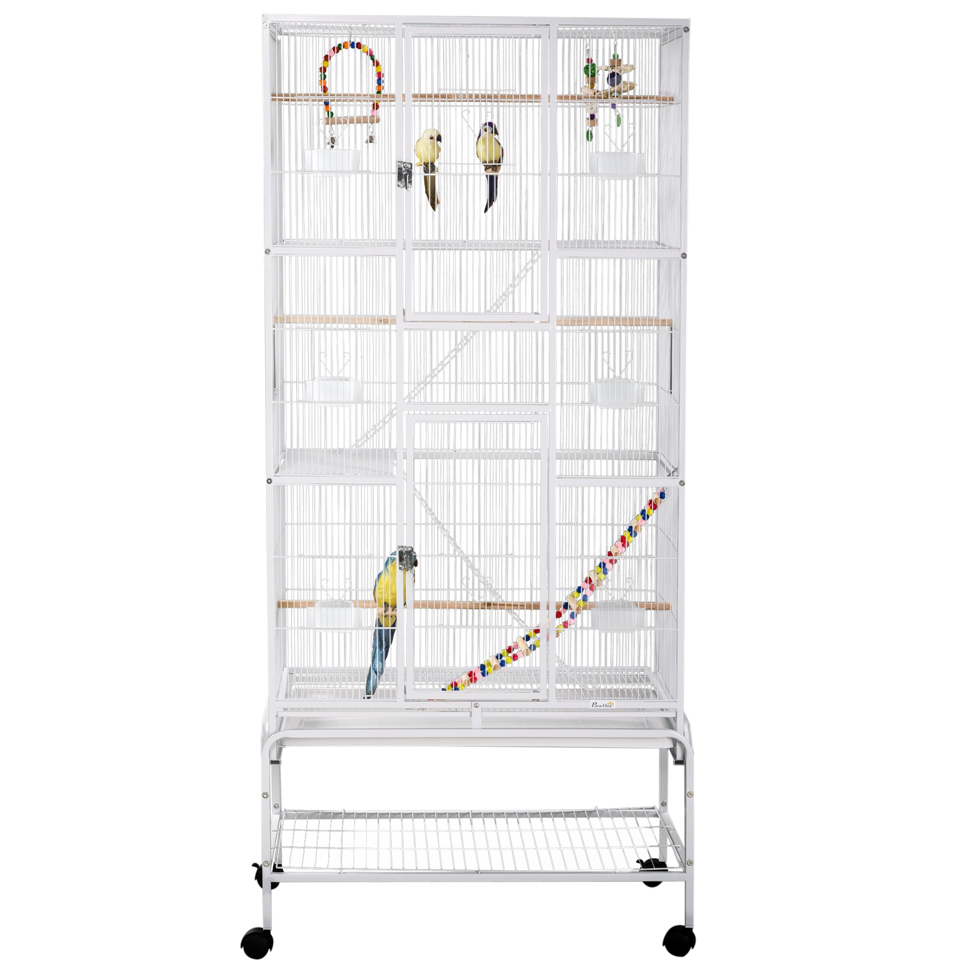 PawHut 71" Bird Cage, 3 Tier Large Parrot Cage with Wheels, Perches, Ramp, Storage Shelf, Toys for Canaries, Finches, Cockatiels, Parakeets, White