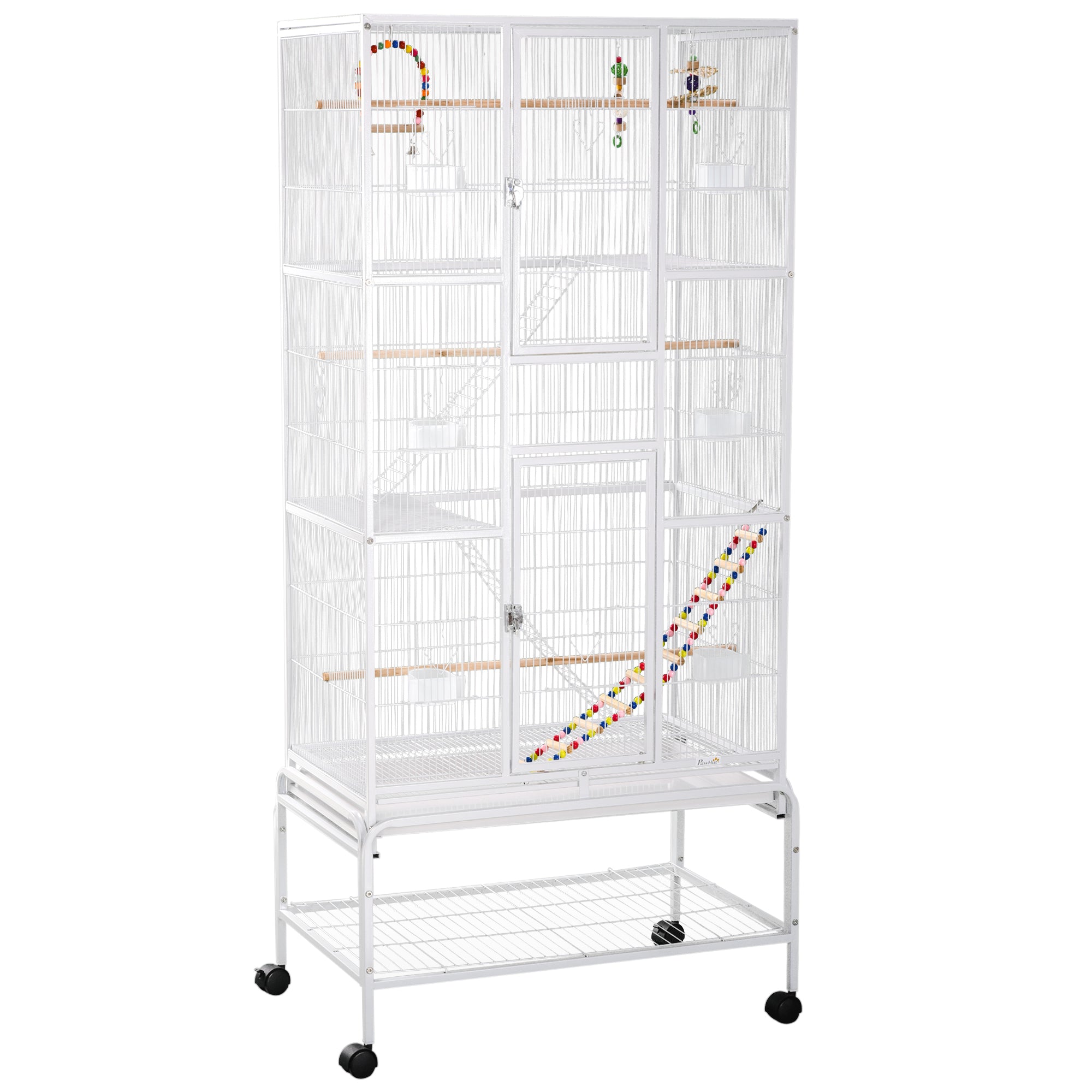 PawHut Large Bird Cage Budgie Cage 3 Tier Aviary with Stand Wheels, Toys, Ladders, Shelf for Canaries, Finches, Cockatiels, Parakeets - White