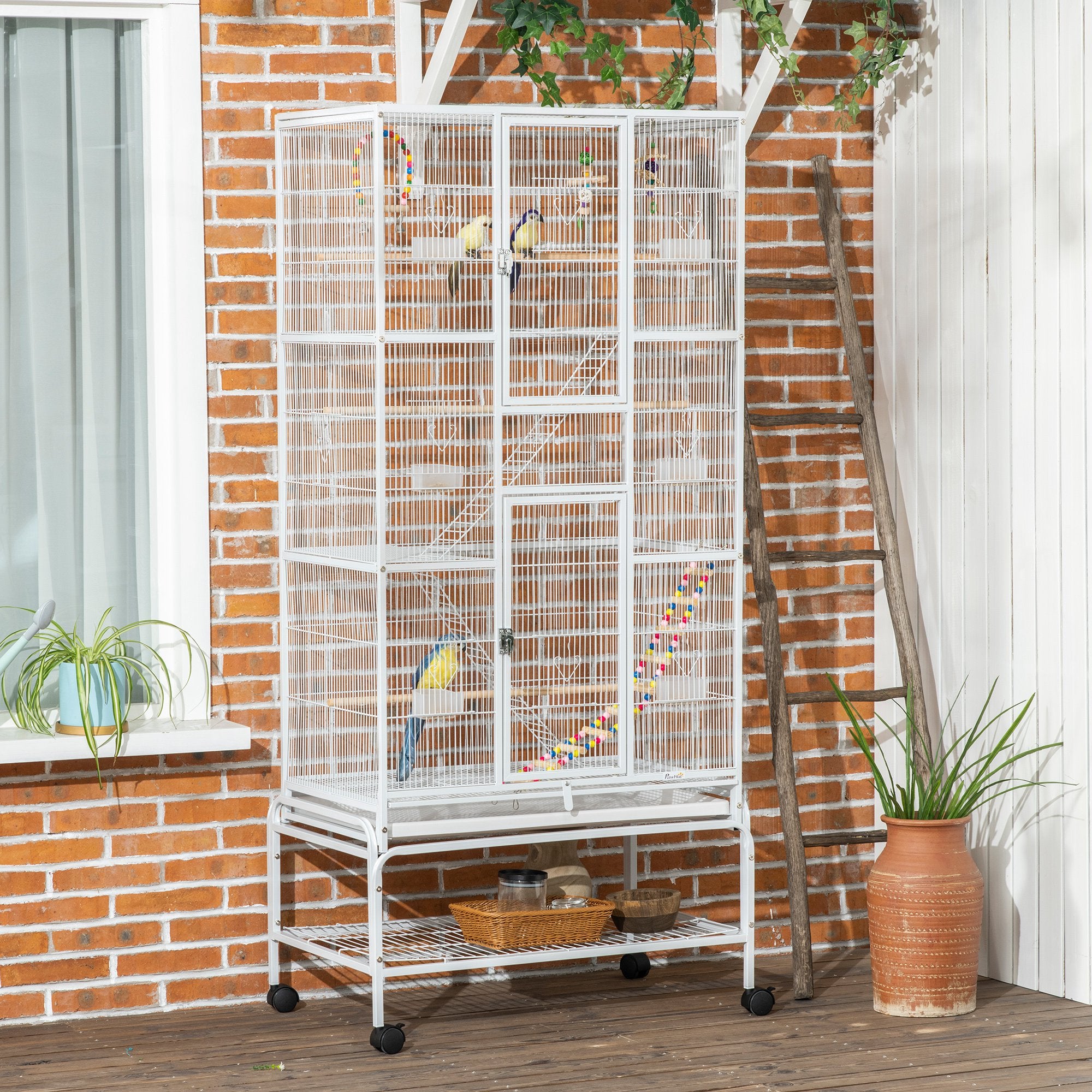 PawHut Large Bird Cage Budgie Cage 3 Tier Aviary with Stand Wheels, Toys, Ladders, Shelf for Canaries, Finches, Cockatiels, Parakeets - White