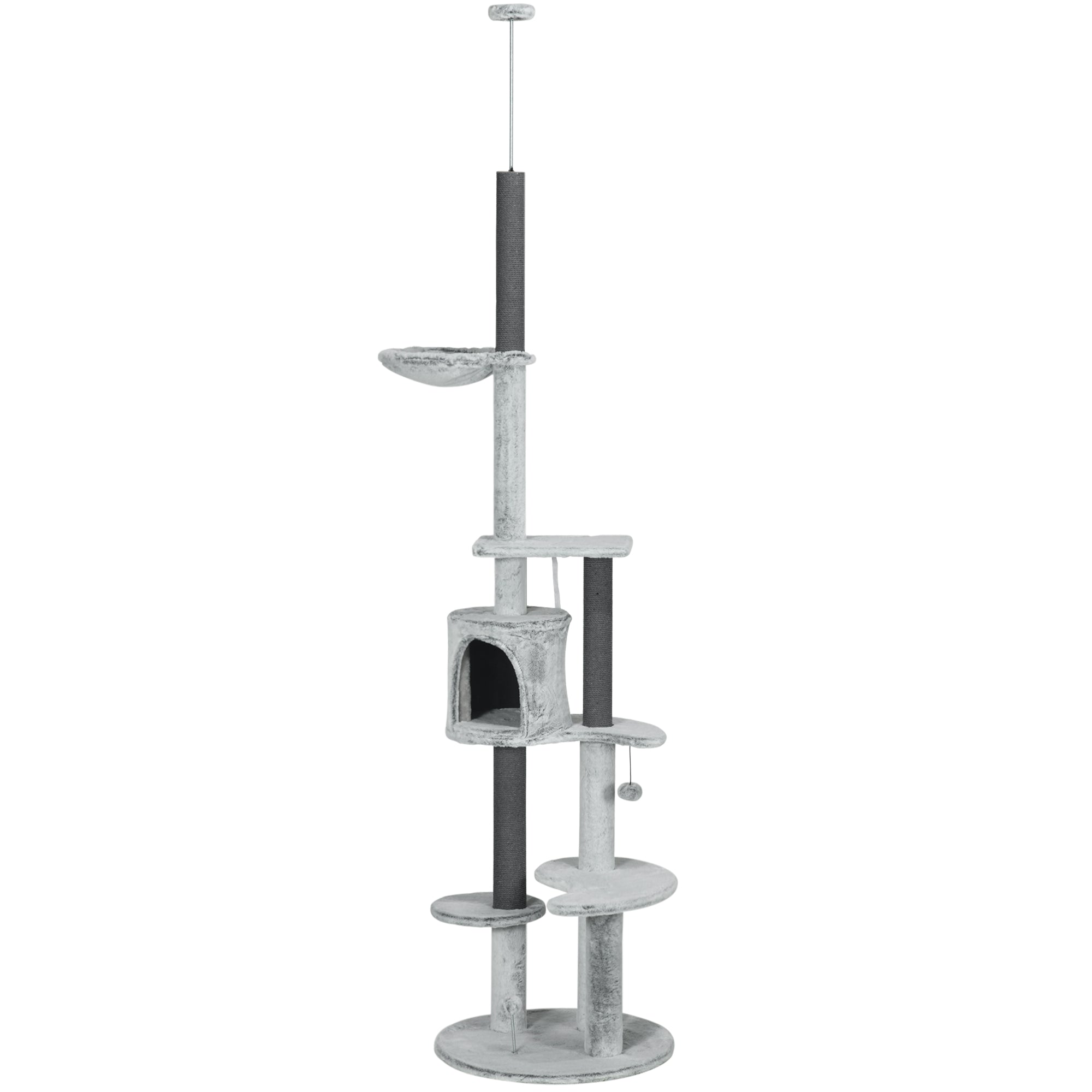 PawHut 255cm Floor to Ceiling Cat Tree with Scratching Posts, Height Adjustable Cat Tower with Hammock, House, Anti-tipping Kit, Perches, Toys, Grey