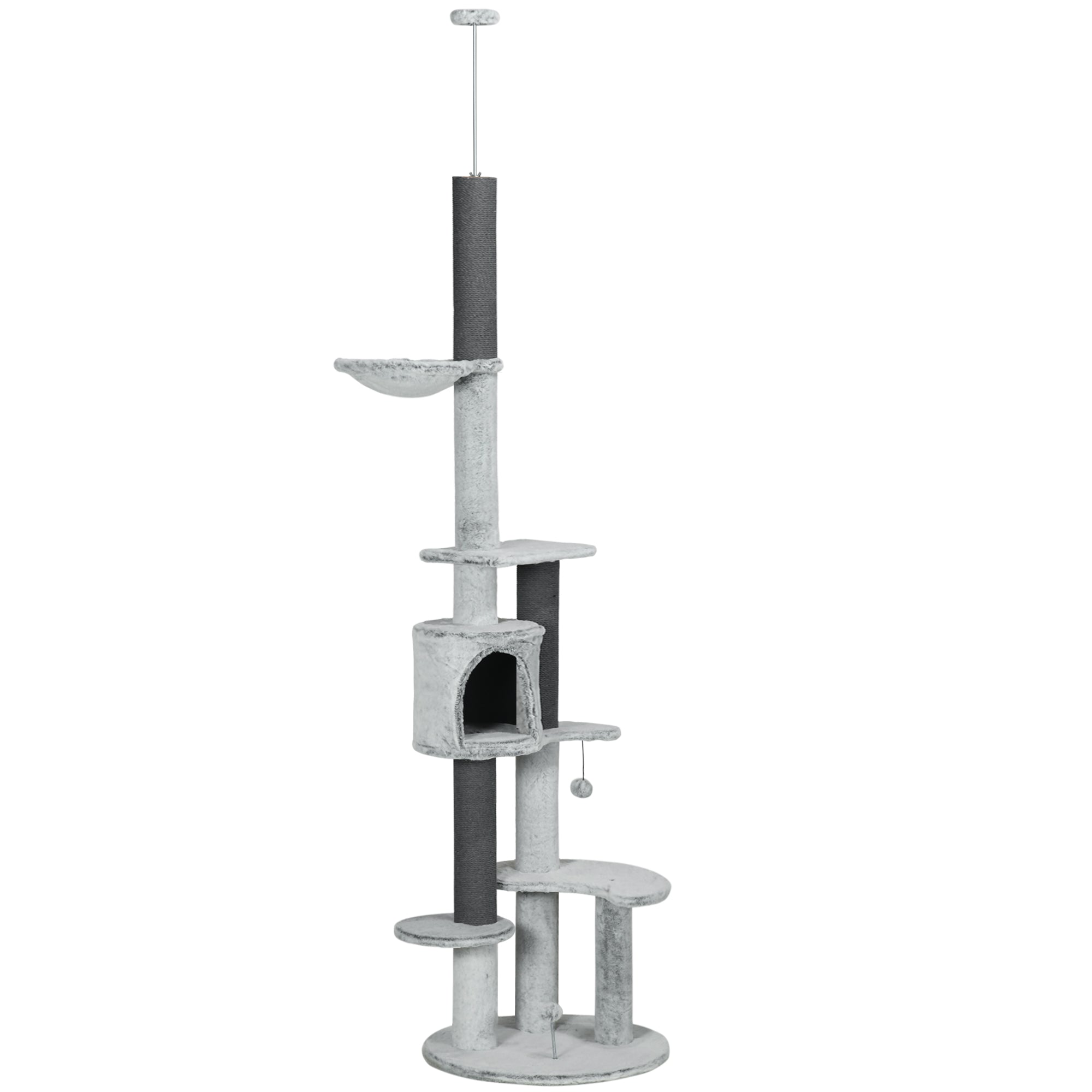 PawHut Floor to Ceiling Cat Tree for Large Cats, 89"-100" Adjustable Height Cat Climbing Tower w/ Hammock, Scratching Posts, Condo, Perches, Toy Ball, Anti-tip Kit, Grey