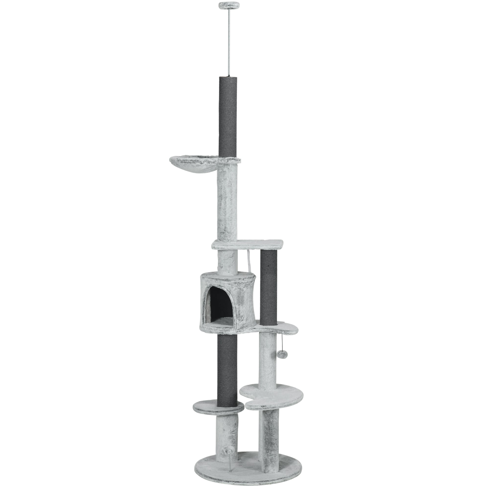 PawHut Floor to Ceiling Cat Tree for Large Cats, 89"-100" Adjustable Height Cat Climbing Tower w/ Hammock, Scratching Posts, Condo, Perches, Toy Ball, Anti-tip Kit, Grey