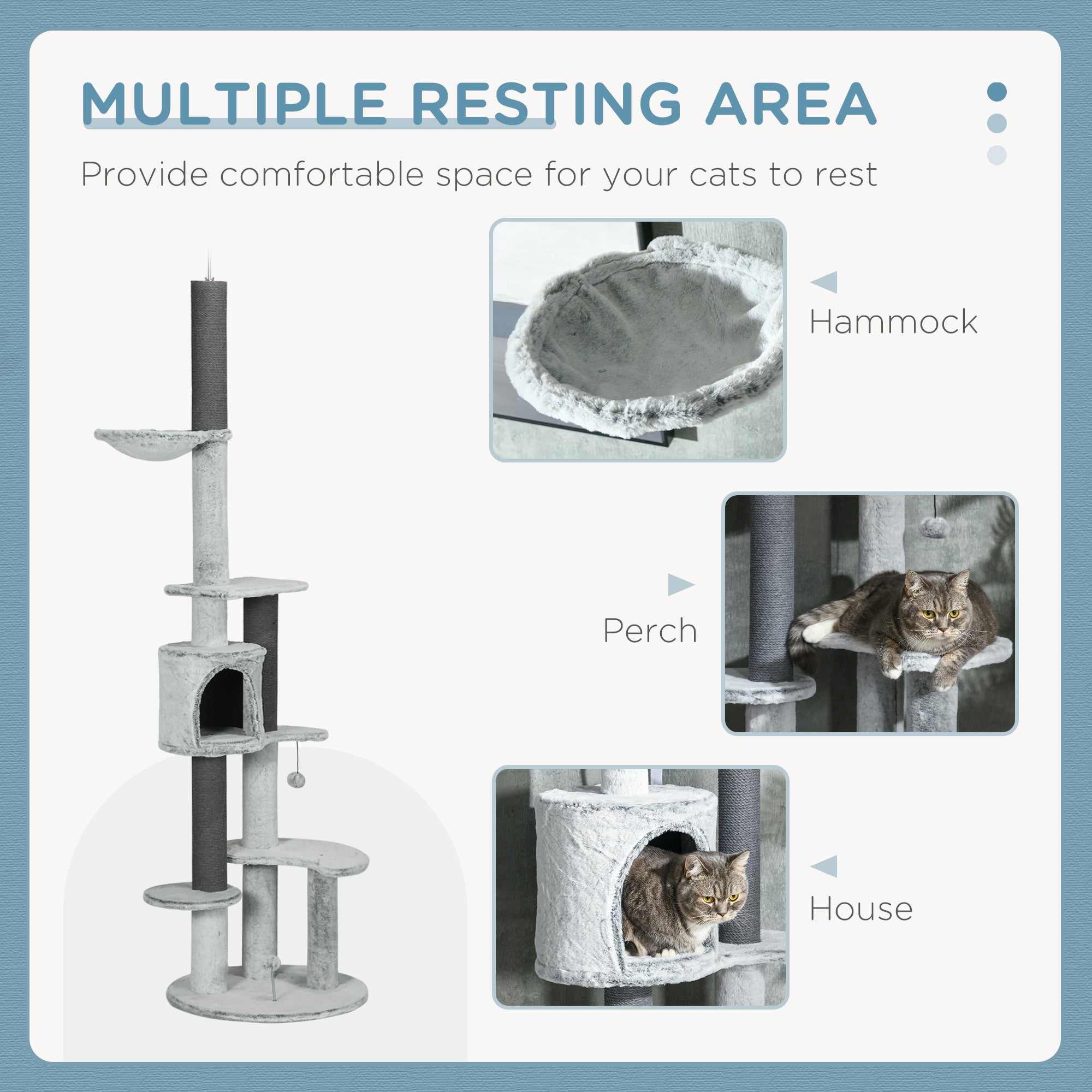 PawHut Floor to Ceiling Cat Tree for Large Cats, 89"-100" Adjustable Height Cat Climbing Tower w/ Hammock, Scratching Posts, Condo, Perches, Toy Ball, Anti-tip Kit, Grey