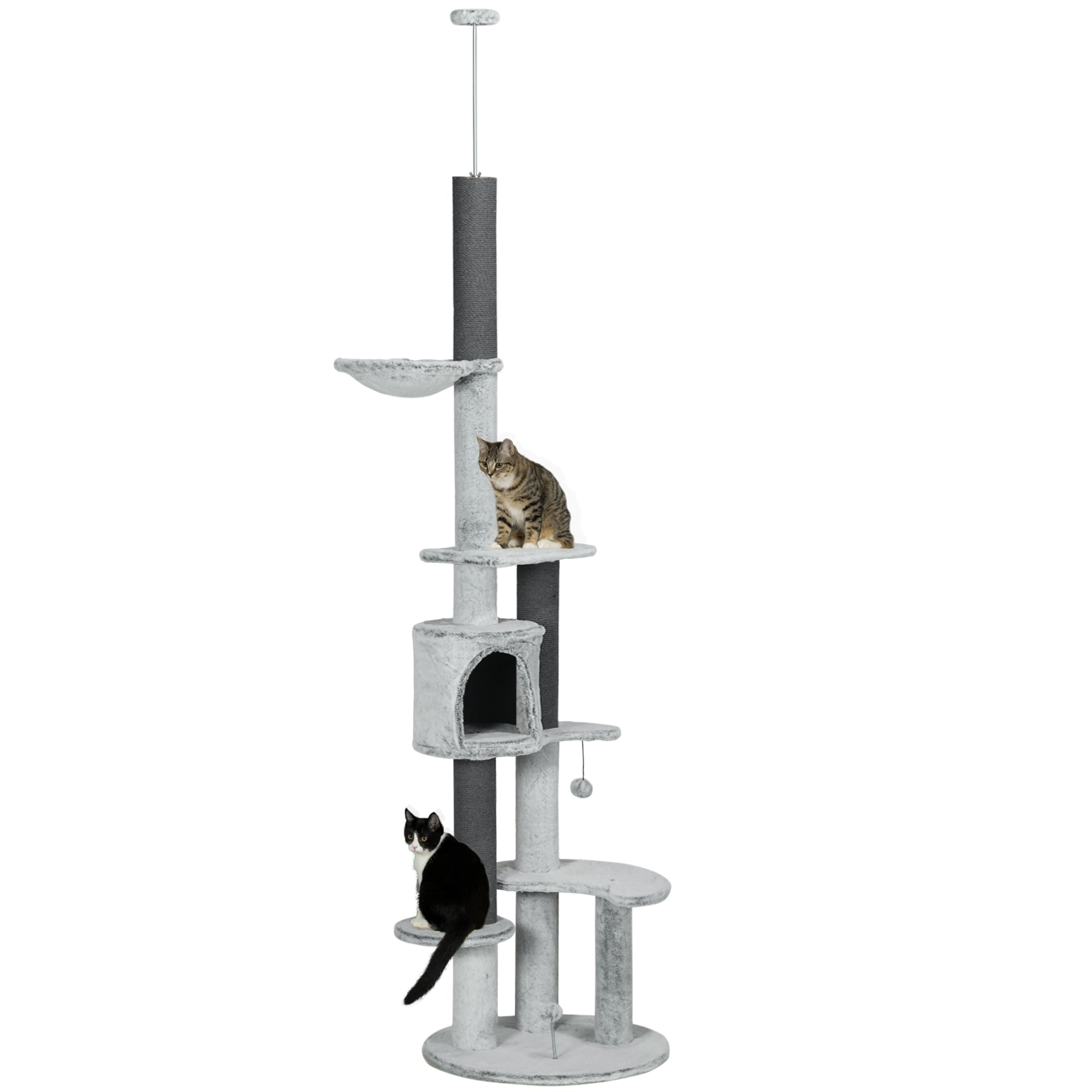 PawHut Floor to Ceiling Cat Tree for Large Cats, 89"-100" Adjustable Height Cat Climbing Tower w/ Hammock, Scratching Posts, Condo, Perches, Toy Ball, Anti-tip Kit, Grey