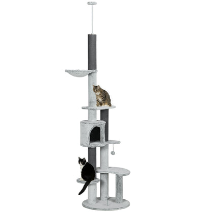 PawHut Floor to Ceiling Cat Tree for Large Cats, 89"-100" Adjustable Height Cat Climbing Tower w/ Hammock, Scratching Posts, Condo, Perches, Toy Ball, Anti-tip Kit, Grey