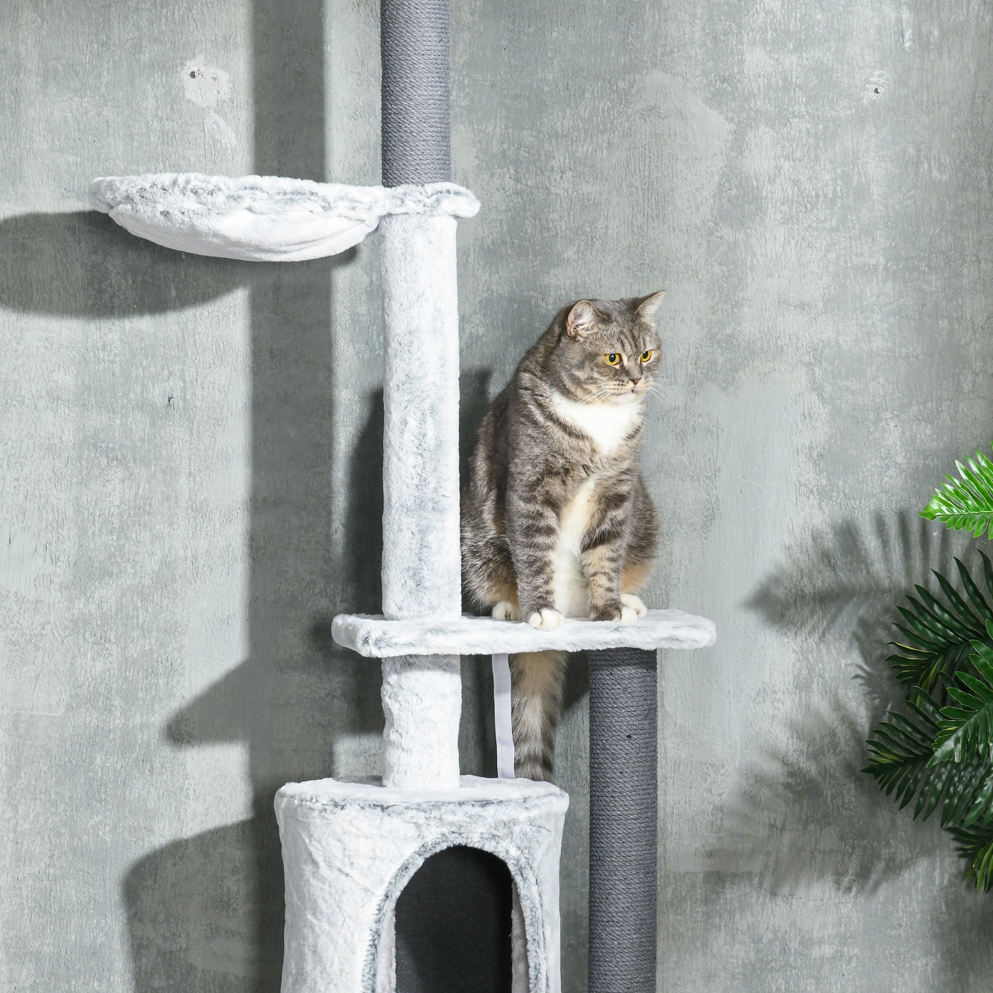 PawHut Floor to Ceiling Cat Tree for Large Cats, 89"-100" Adjustable Height Cat Climbing Tower w/ Hammock, Scratching Posts, Condo, Perches, Toy Ball, Anti-tip Kit, Grey