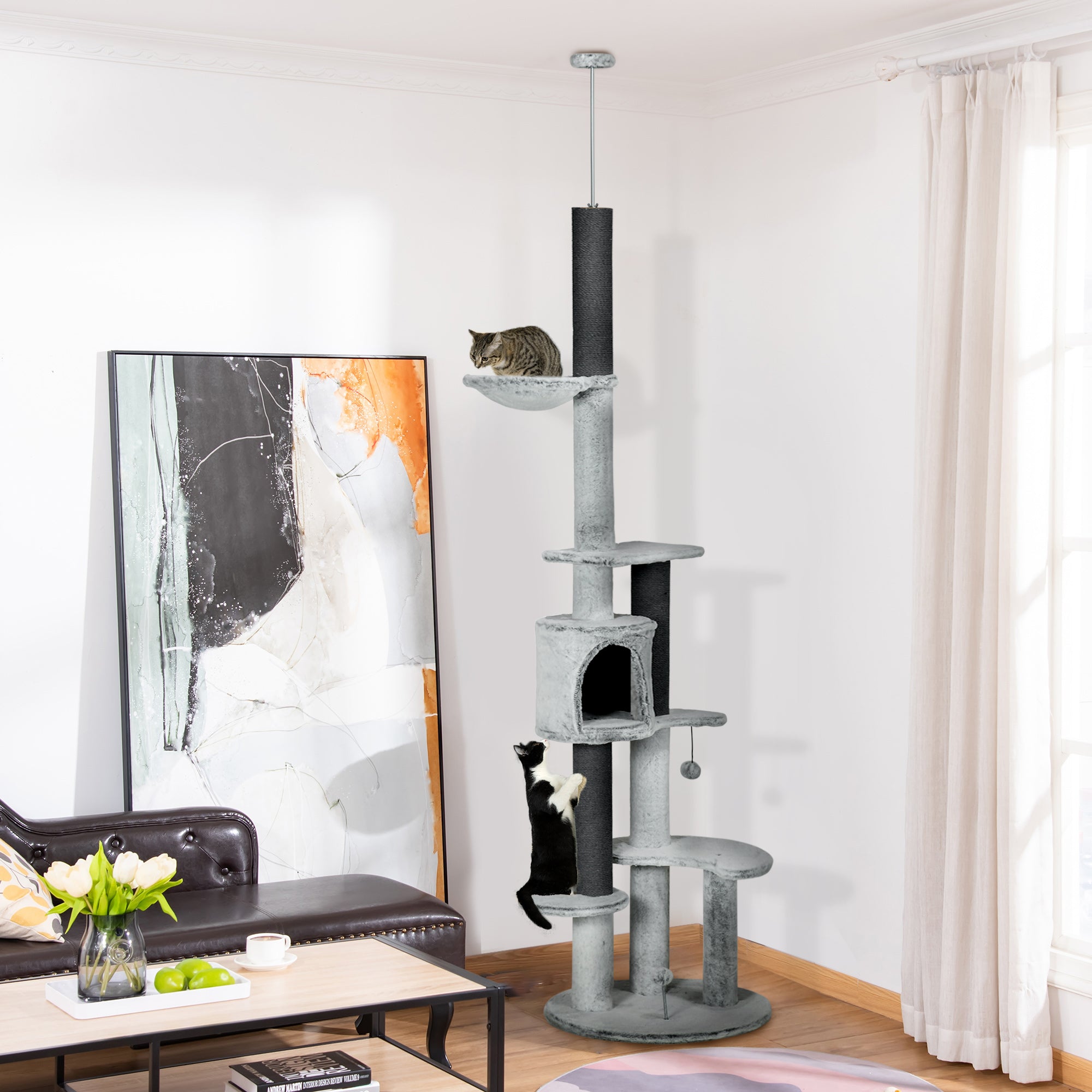 PawHut Floor to Ceiling Cat Tree for Large Cats, 89"-100" Adjustable Height Cat Climbing Tower w/ Hammock, Scratching Posts, Condo, Perches, Toy Ball, Anti-tip Kit, Grey