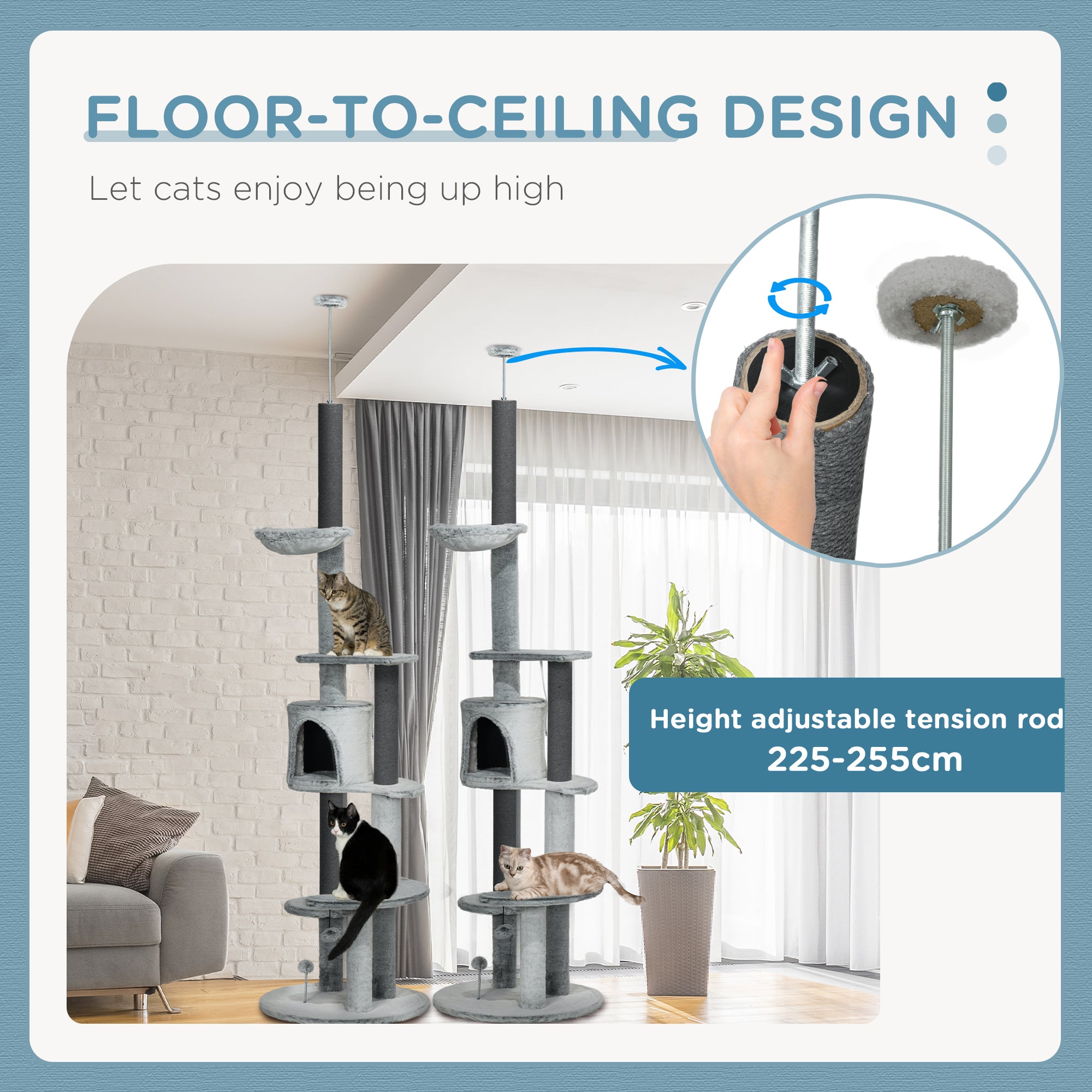 PawHut Floor to Ceiling Cat Tree for Large Cats, 89"-100" Adjustable Height Cat Climbing Tower w/ Hammock, Scratching Posts, Condo, Perches, Toy Ball, Anti-tip Kit, Grey