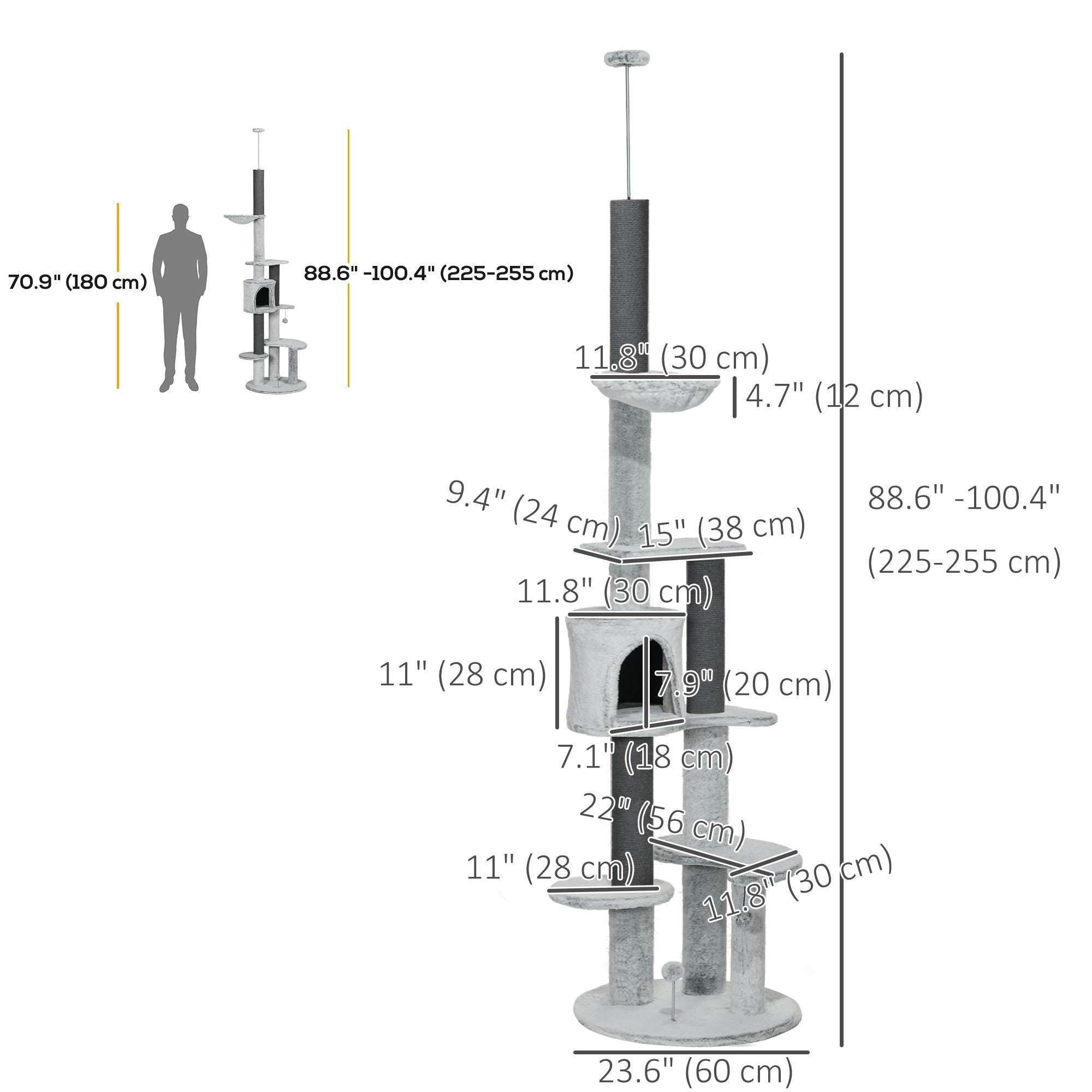 PawHut Floor to Ceiling Cat Tree for Large Cats, 89"-100" Adjustable Height Cat Climbing Tower w/ Hammock, Scratching Posts, Condo, Perches, Toy Ball, Anti-tip Kit, Grey