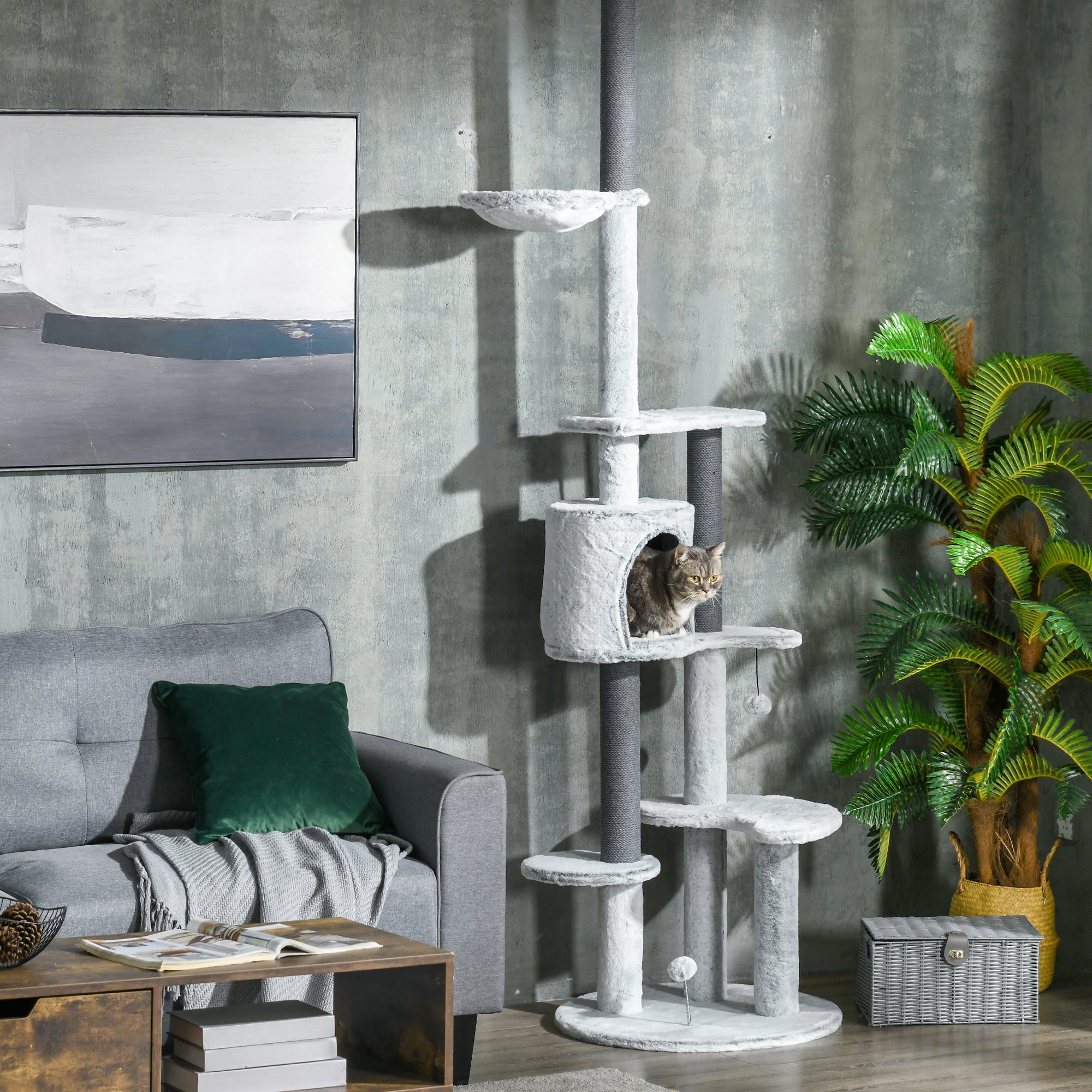 PawHut 255cm Floor to Ceiling Cat Tree with Scratching Posts, Height Adjustable Cat Tower with Hammock, House, Anti-tipping Kit, Perches, Toys, Grey