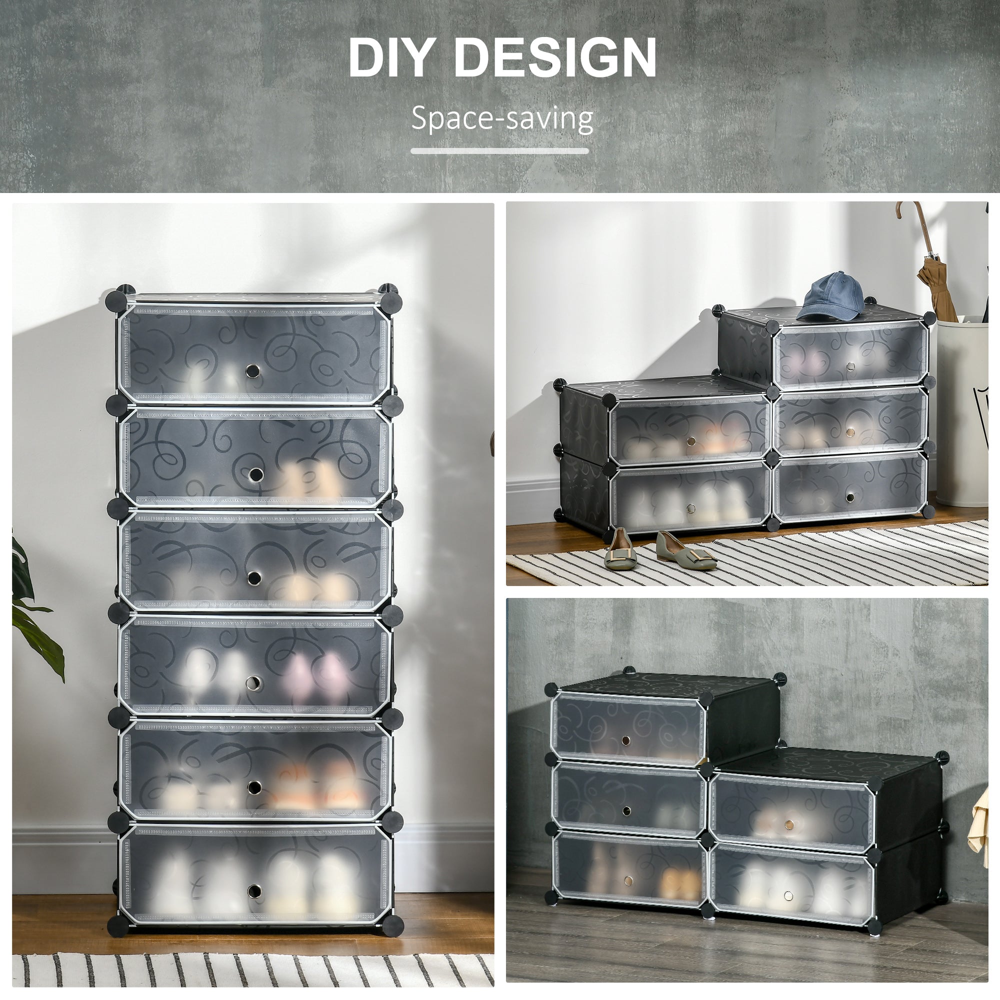 HOMCOM Cube Storage Organizer, DIY 6-Cube Modular Cabinet, Shoe Rack with Doors for Living Room, Black