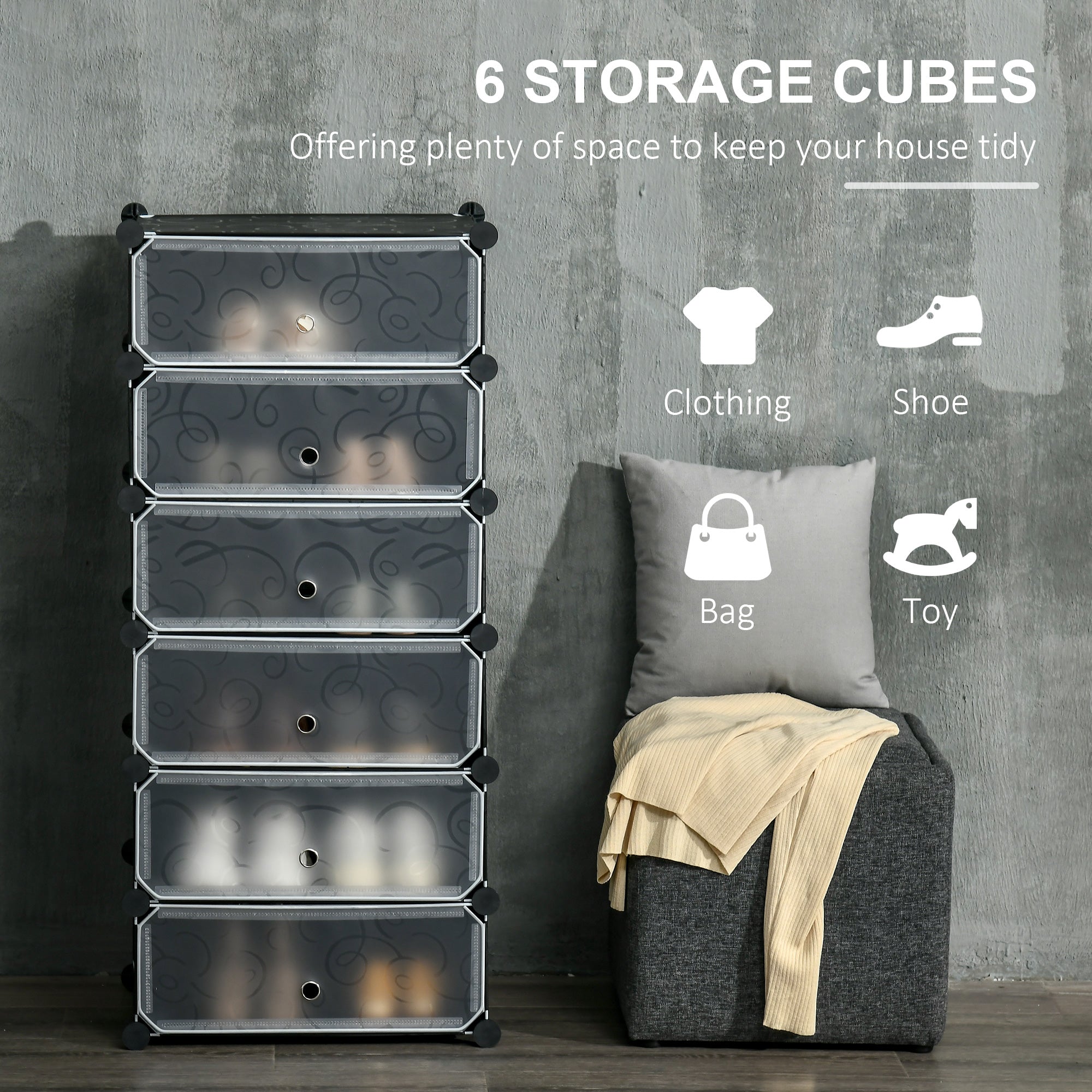 HOMCOM Cube Storage Organizer, DIY 6-Cube Modular Cabinet, Shoe Rack with Doors for Living Room, Black