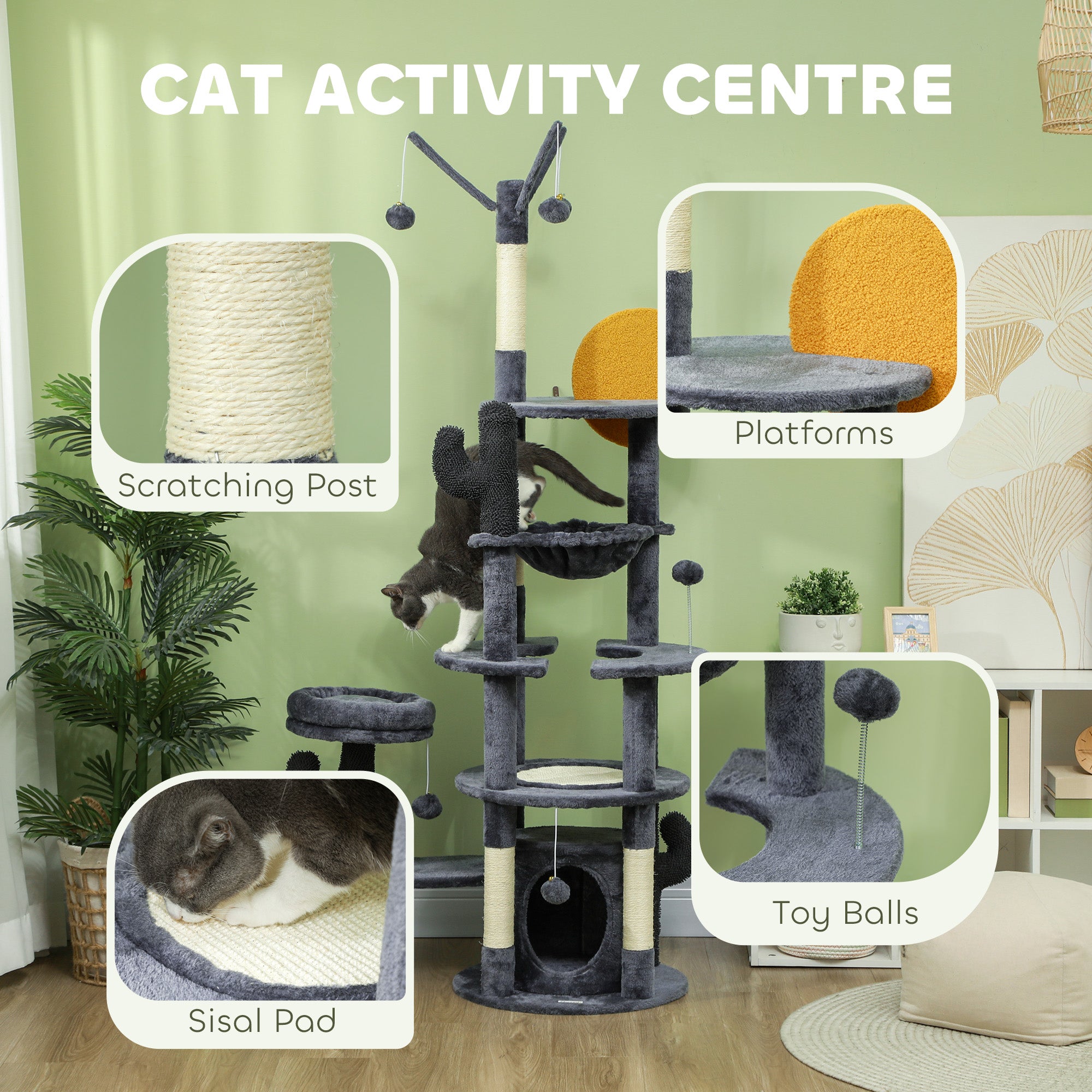PawHut 71" Tall Cat Tree, Multi-Level Cat Tower for Indoor, Corner DIY Design with Scratching Posts, Sisal Pad, Condo, Bed, Hammock, Platforms, Balls, Activity Center, Dark Grey