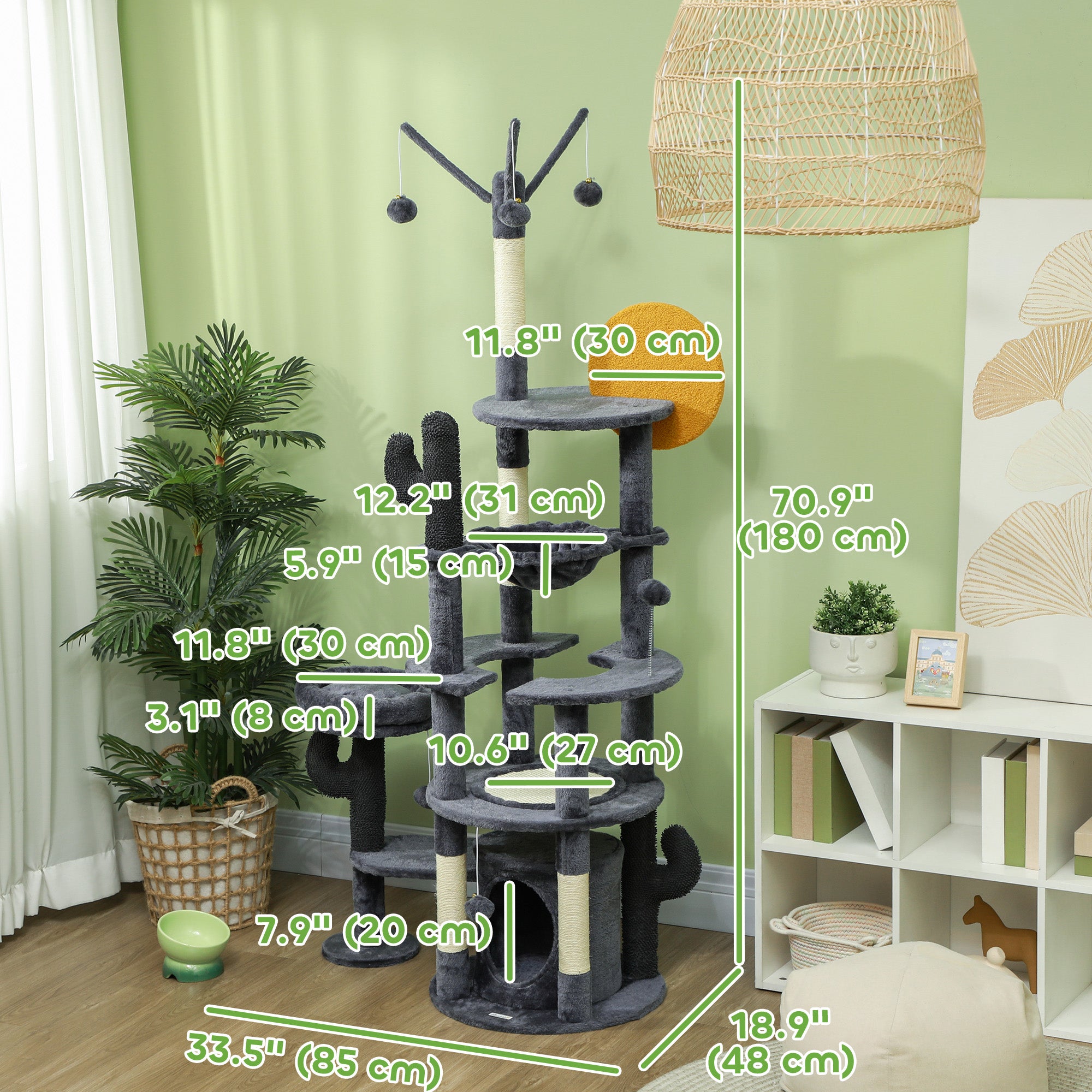 PawHut 71" Tall Cat Tree, Multi-Level Cat Tower for Indoor, Corner DIY Design with Scratching Posts, Sisal Pad, Condo, Bed, Hammock, Platforms, Balls, Activity Center, Dark Grey