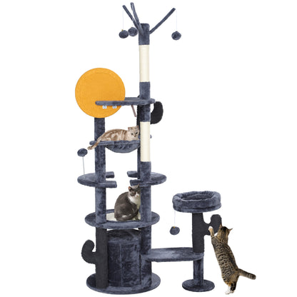 PawHut 71" Tall Cat Tree, Multi-Level Cat Tower for Indoor, Corner DIY Design with Scratching Posts, Sisal Pad, Condo, Bed, Hammock, Platforms, Balls, Activity Center, Dark Grey