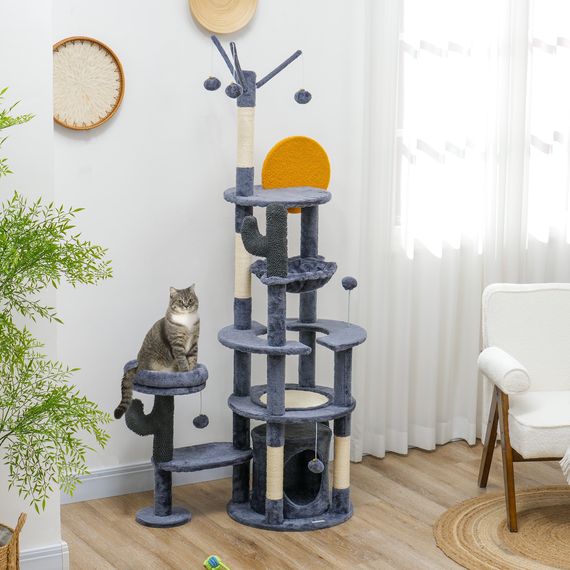 PawHut 71" Tall Cat Tree, Multi-Level Cat Tower for Indoor, Corner DIY Design with Scratching Posts, Sisal Pad, Condo, Bed, Hammock, Platforms, Balls, Activity Center, Dark Grey