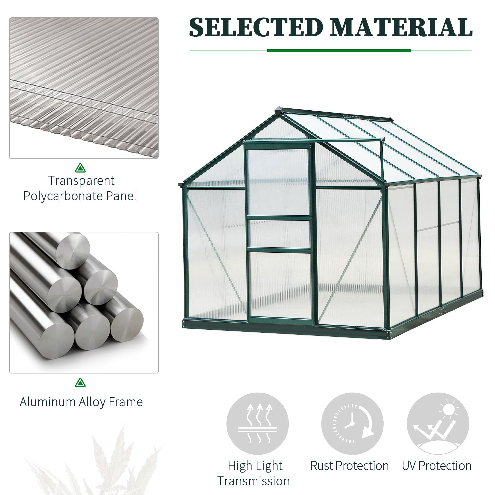 Outsunny 6' x 8' x 6.6' Polycarbonate Greenhouse, Walk-In Green House Kit Garden, Plants Grow, Galvanized Sheet Aluminum Frame with Rain Gutter, Vent and Sliding Door, Green