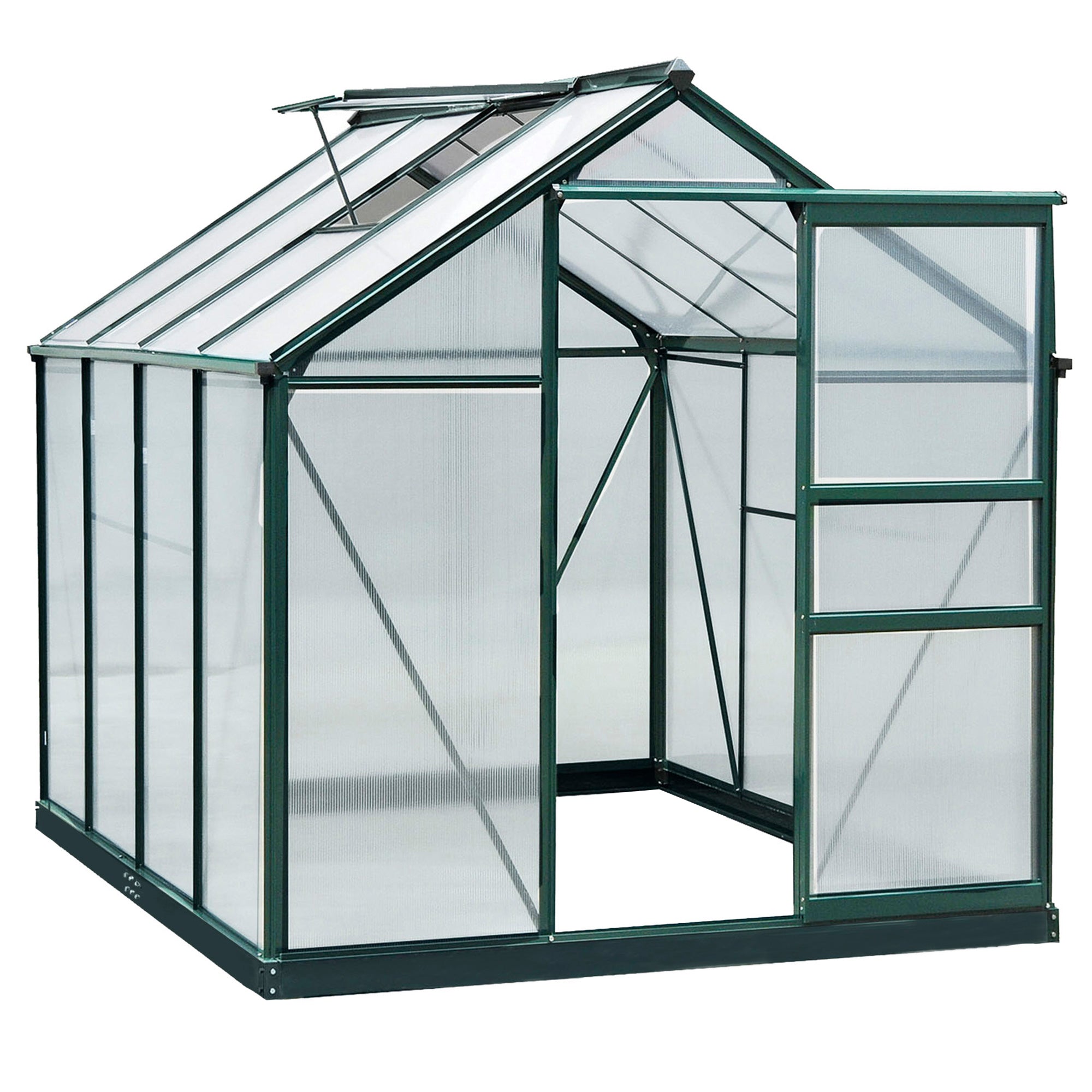 Outsunny 6' x 8' x 6.6' Polycarbonate Greenhouse, Walk-In Green House Kit Garden, Plants Grow, Galvanized Sheet Aluminum Frame with Rain Gutter, Vent and Sliding Door, Green