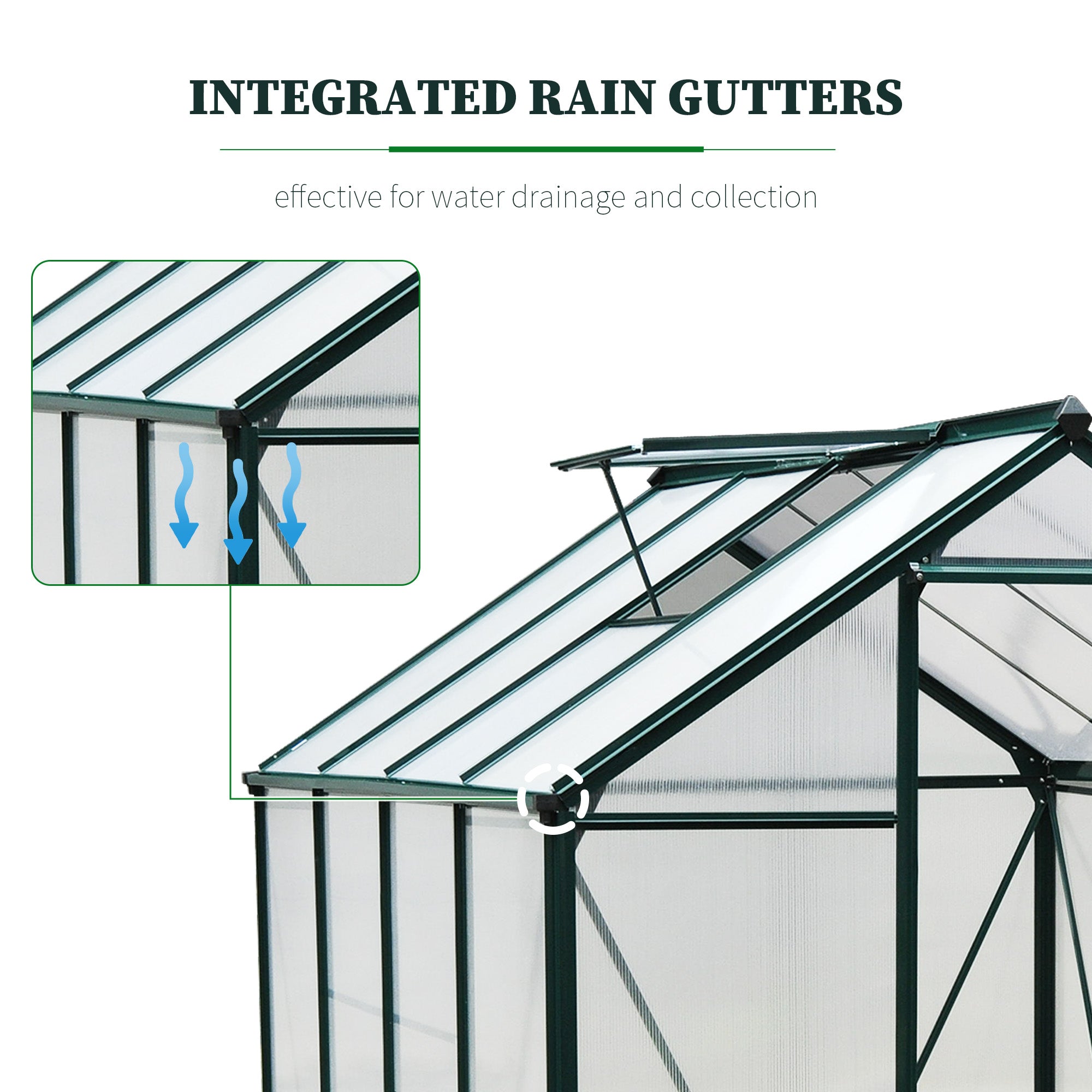 Outsunny 6' x 8' x 6.6' Polycarbonate Greenhouse, Walk-In Green House Kit Garden, Plants Grow, Galvanized Sheet Aluminum Frame with Rain Gutter, Vent and Sliding Door, Green