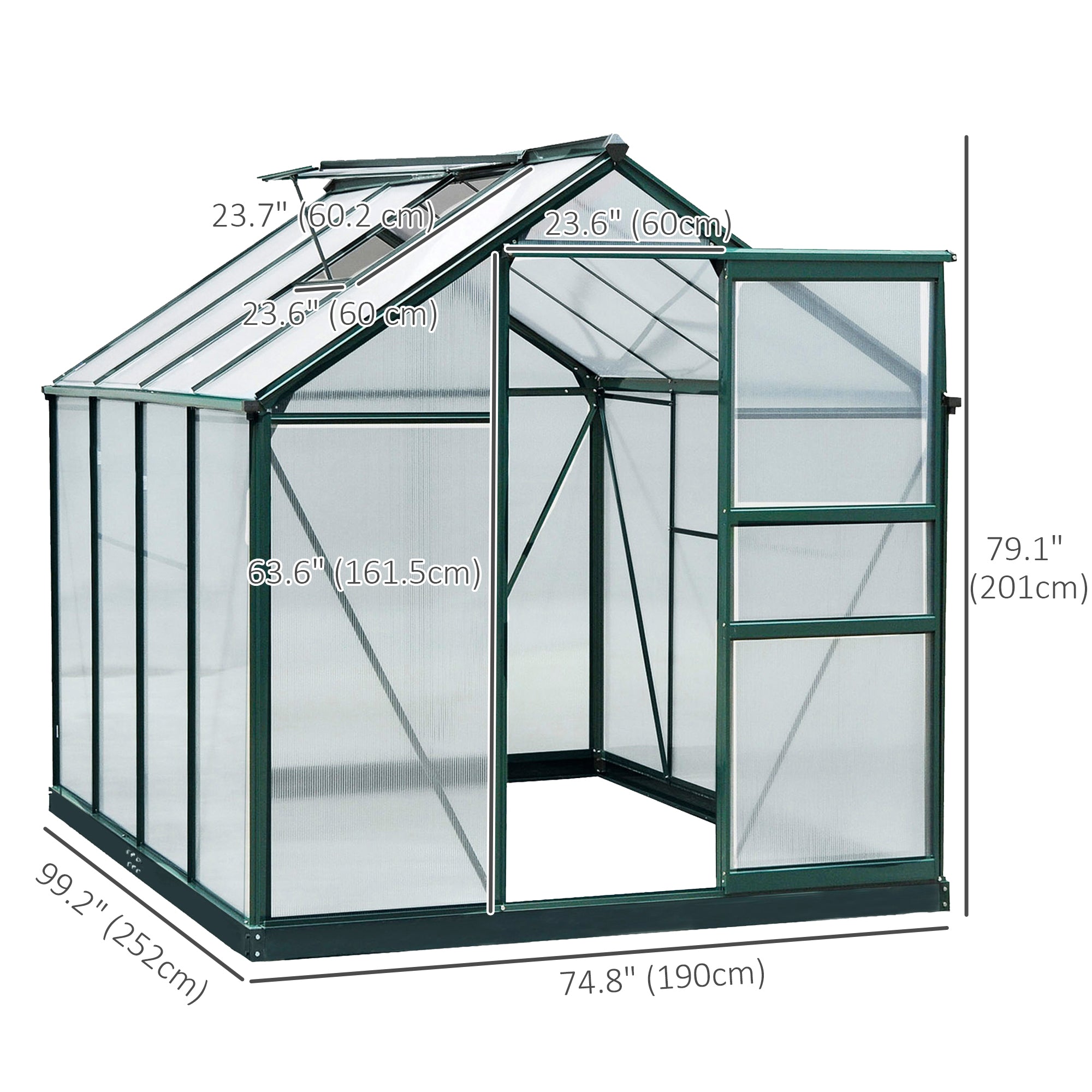 Outsunny 6' x 8' x 6.6' Polycarbonate Greenhouse, Walk-In Green House Kit Garden, Plants Grow, Galvanized Sheet Aluminum Frame with Rain Gutter, Vent and Sliding Door, Green