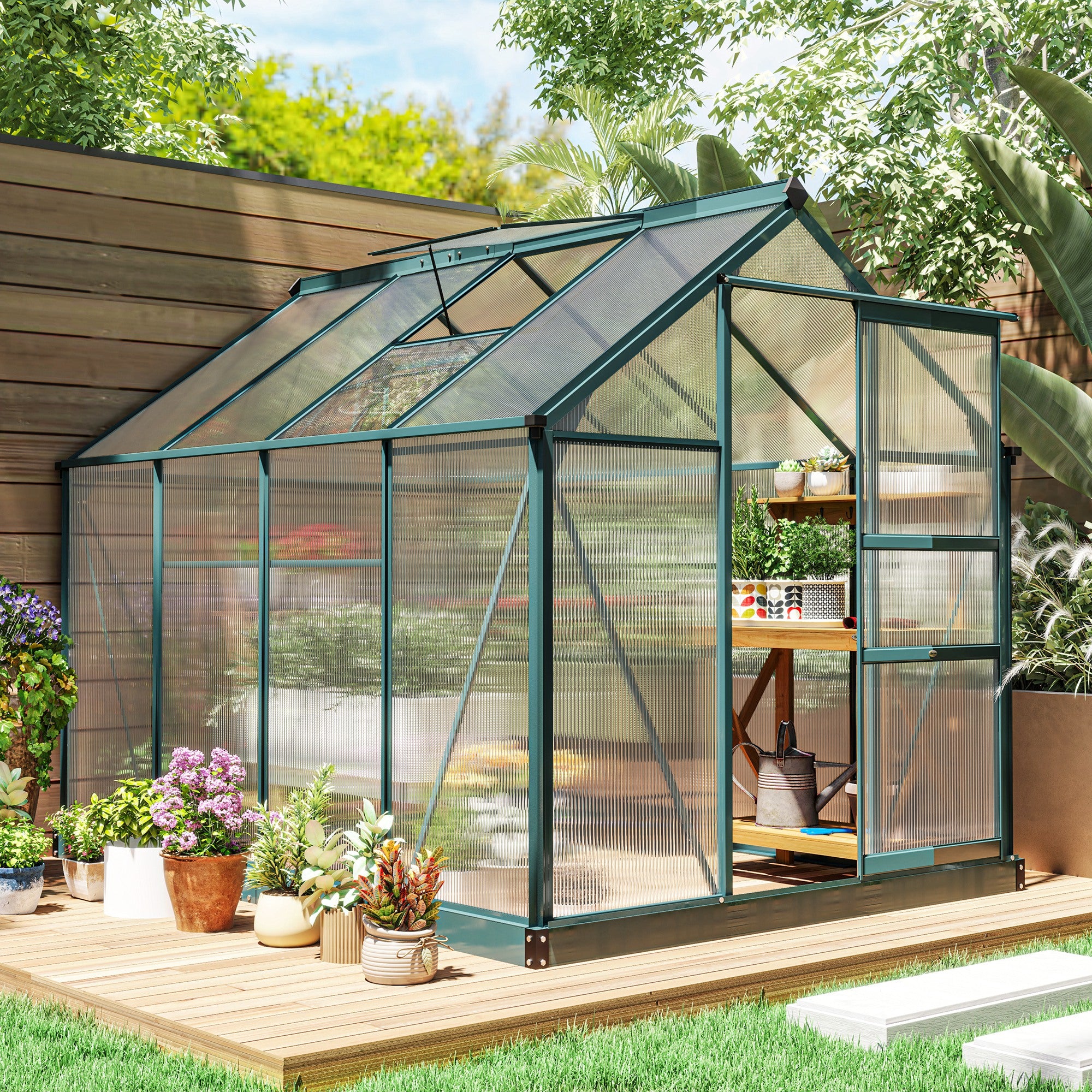 Outsunny 6' x 8' x 6.6' Polycarbonate Greenhouse, Walk-In Green House Kit Garden, Plants Grow, Galvanized Sheet Aluminum Frame with Rain Gutter, Vent and Sliding Door, Green