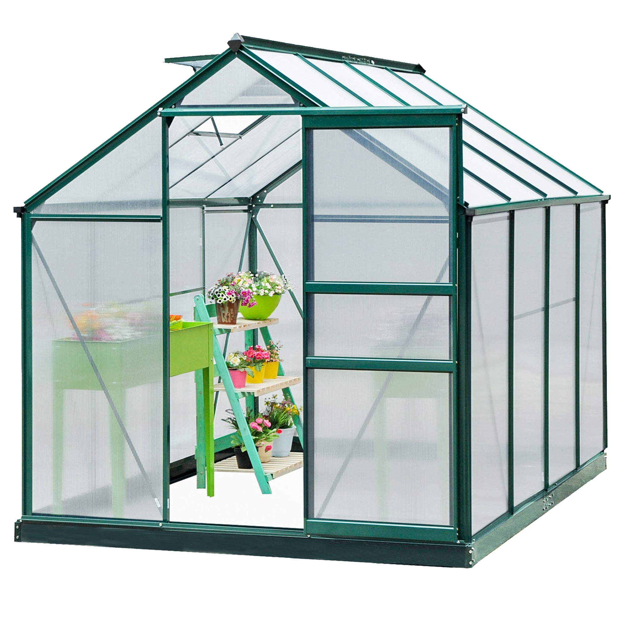 Outsunny 6' x 8' x 6.6' Polycarbonate Greenhouse, Walk-In Green House Kit Garden, Plants Grow, Galvanized Sheet Aluminum Frame with Rain Gutter, Vent and Sliding Door, Green