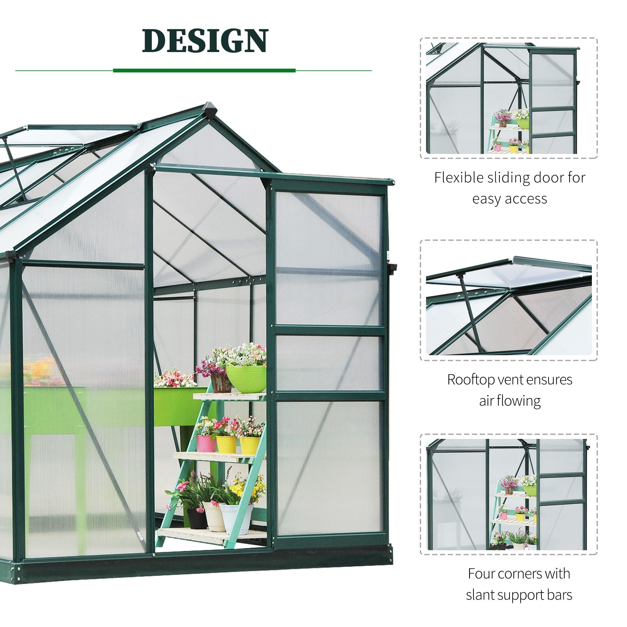 Outsunny 6' x 8' x 6.6' Polycarbonate Greenhouse, Walk-In Green House Kit Garden, Plants Grow, Galvanized Sheet Aluminum Frame with Rain Gutter, Vent and Sliding Door, Green