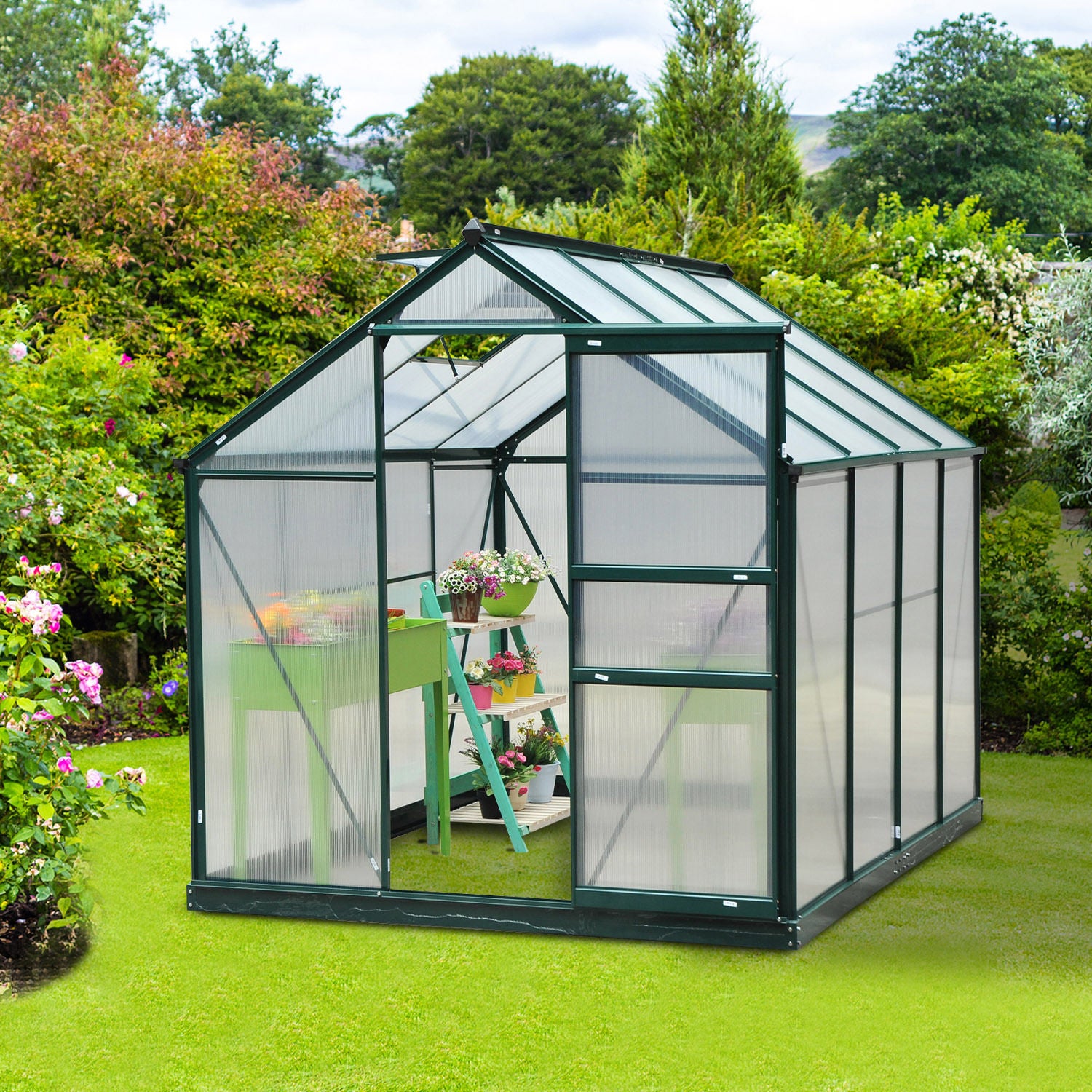 Outsunny 6' x 8' x 6.6' Polycarbonate Greenhouse, Walk-In Green House Kit Garden, Plants Grow, Galvanized Sheet Aluminum Frame with Rain Gutter, Vent and Sliding Door, Green