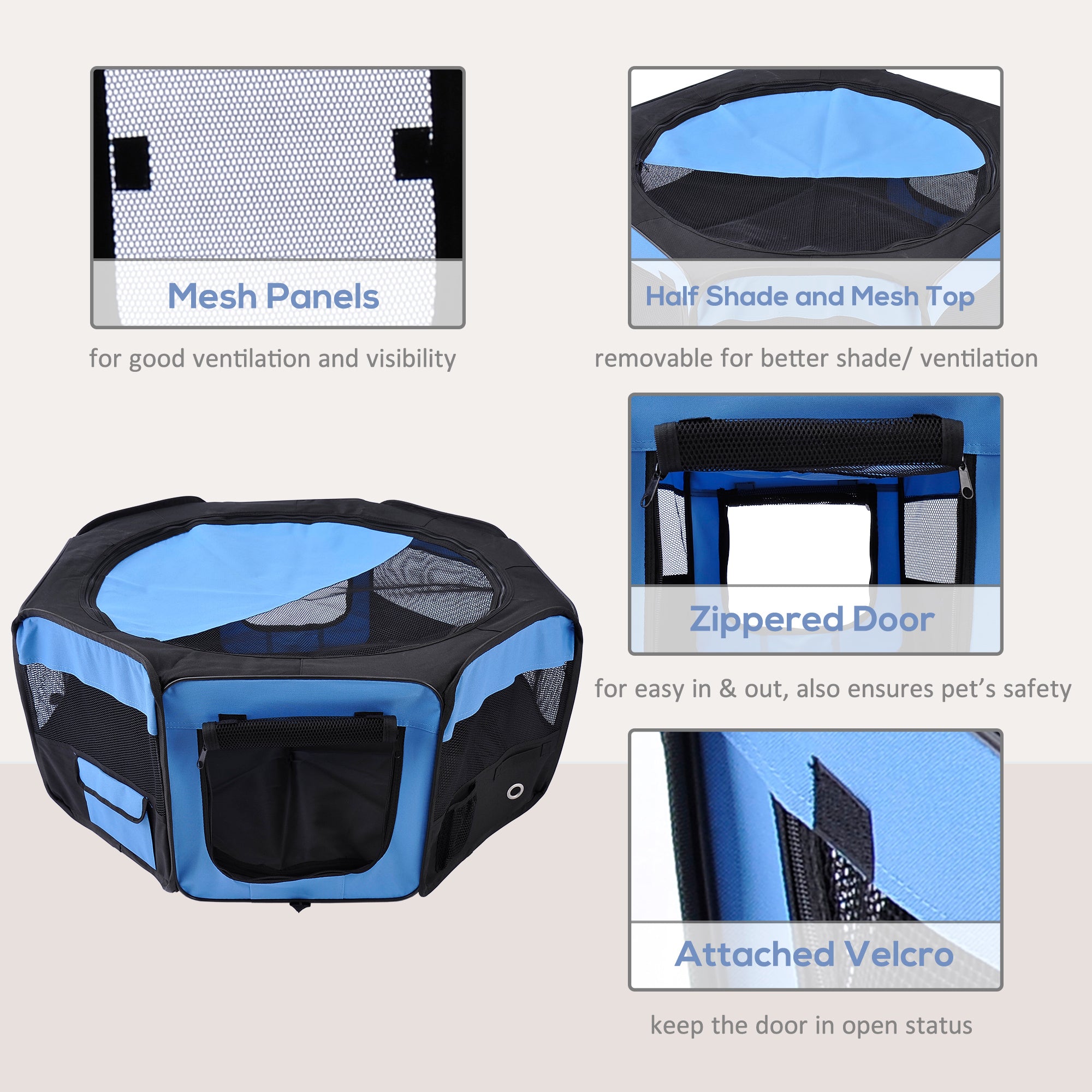 PawHut 37" Folding Portable Pet Playpen Soft Dog Cat Puppy Exercise Kennel Crate with Carrying Bag Blue