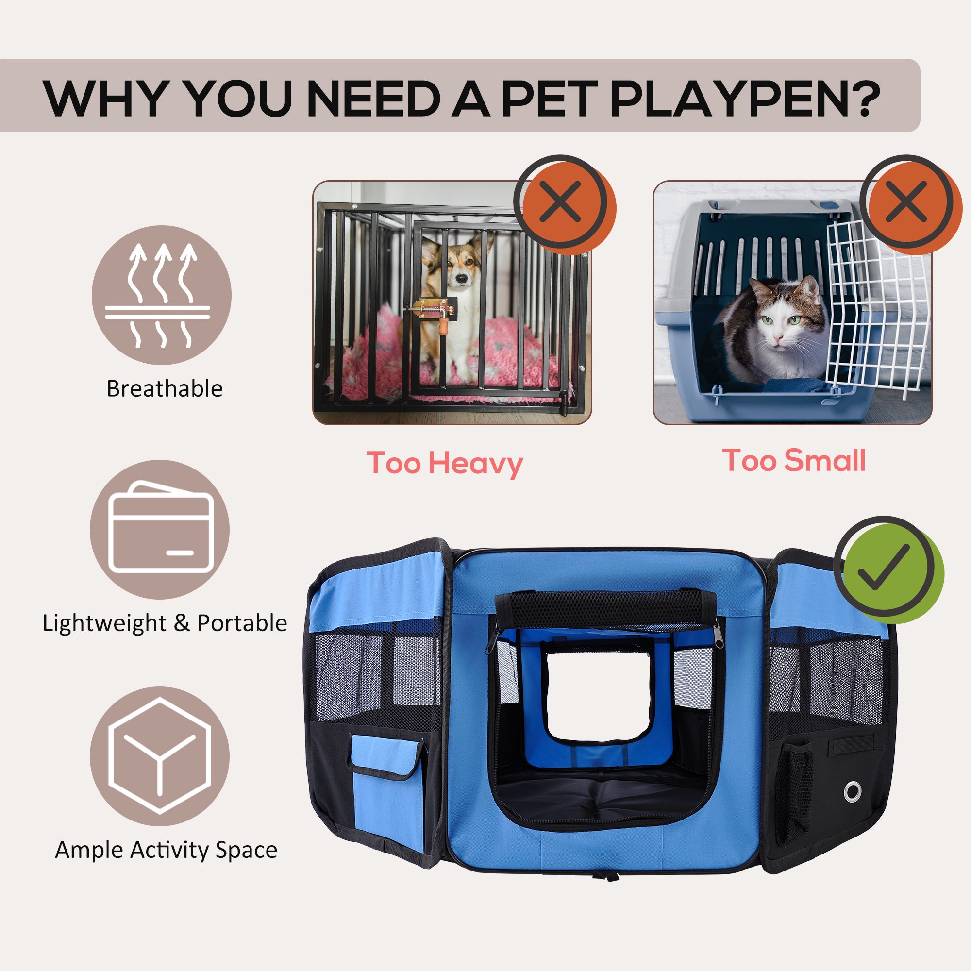 PawHut 37" Folding Portable Pet Playpen Soft Dog Cat Puppy Exercise Kennel Crate with Carrying Bag Blue