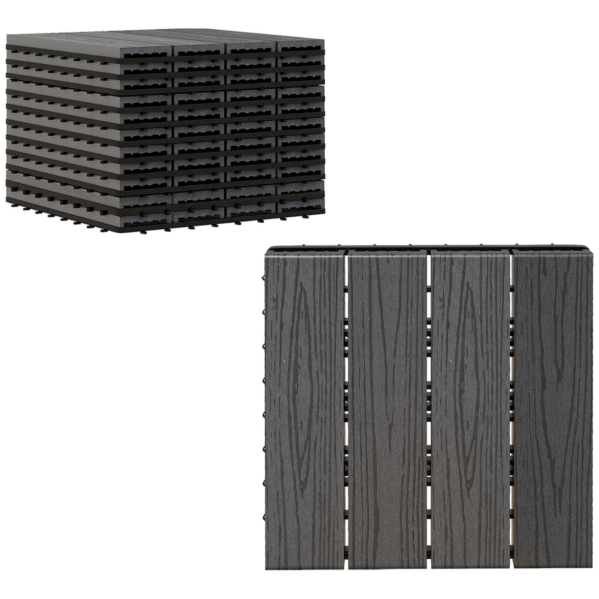 Outsunny WPC Interlocking Deck Tiles, 11 Pack 12" x 12" Outdoor Tiles, Tools Free Assembly, Waterproof and Non-slip Patio Flooring, Black