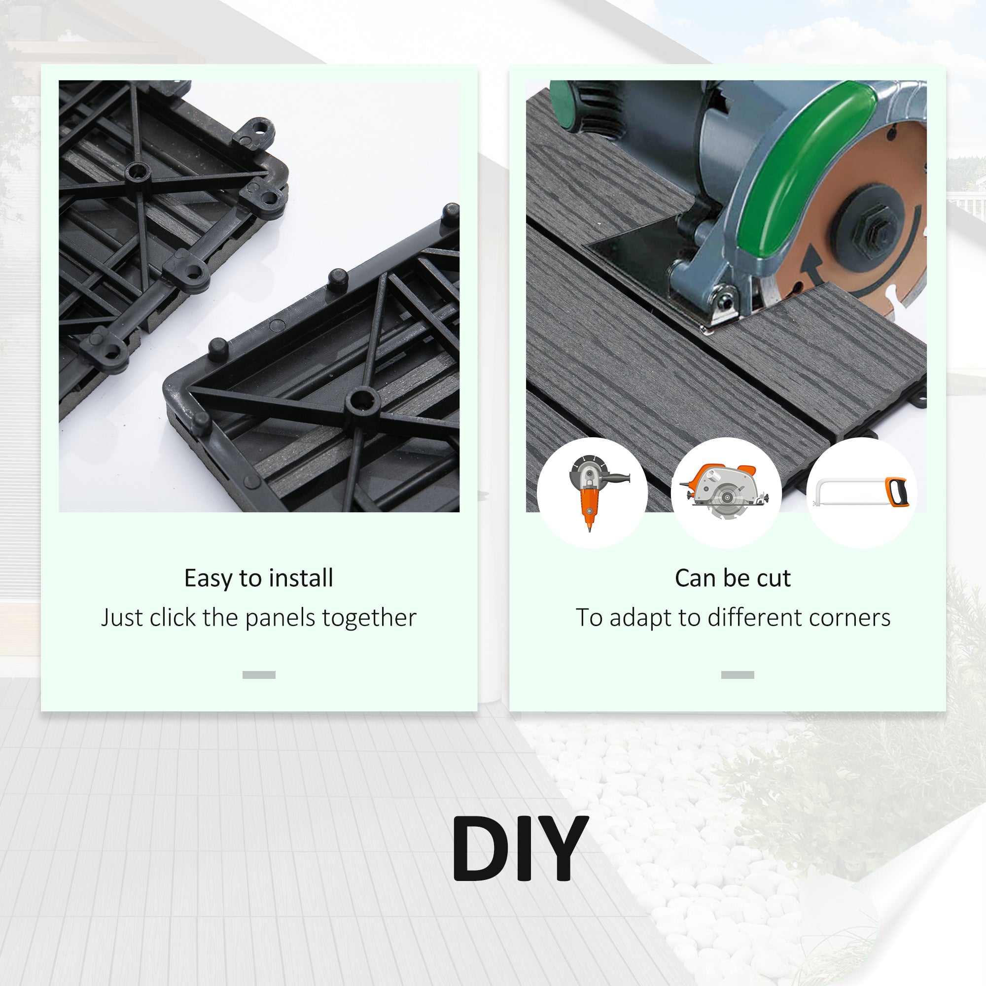 Outsunny WPC Interlocking Deck Tiles, 11 Pack 12" x 12" Outdoor Tiles, Tools Free Assembly, Waterproof and Non-slip Patio Flooring, Black