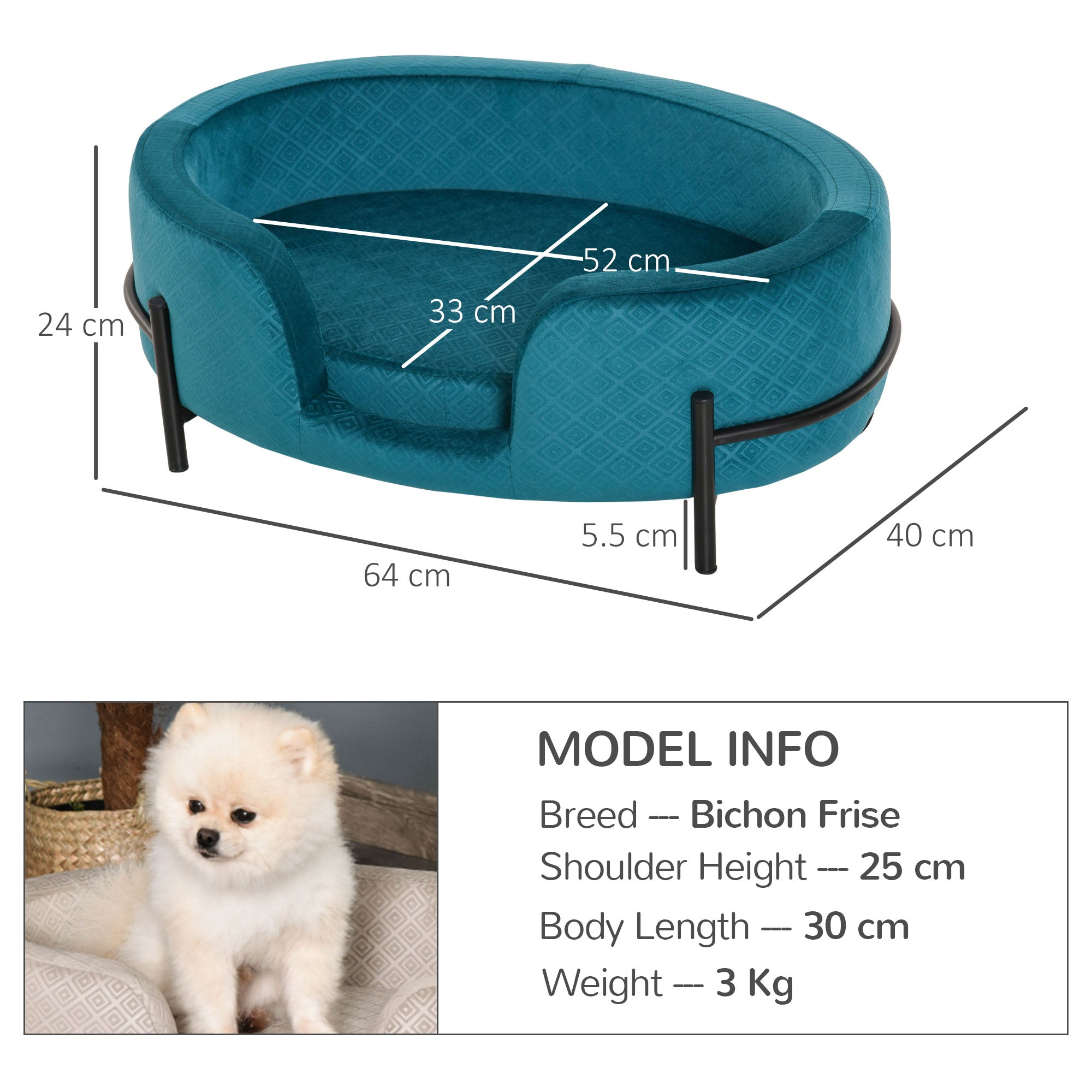 PawHut Pet Sofa Dog Cat Bed Couch Metal Stand Removable Seat Cushion 64 x 40 x 24 cm