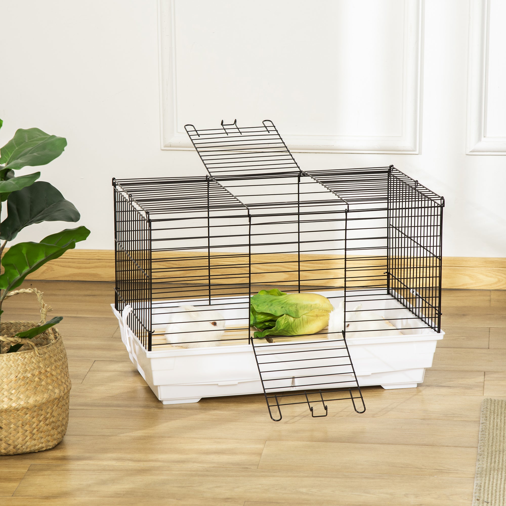 PawHut Indoor Small Animal Cage with Wood Floor, Bunny Guinea Pig House with Removable Trays, 61.5 x 38 x 40 cm, White