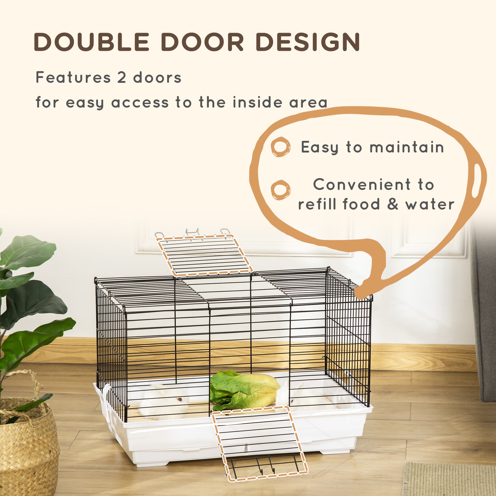 PawHut Indoor Small Animal Cage with Wood Floor, Bunny Guinea Pig House with Removable Trays, 61.5 x 38 x 40 cm, White