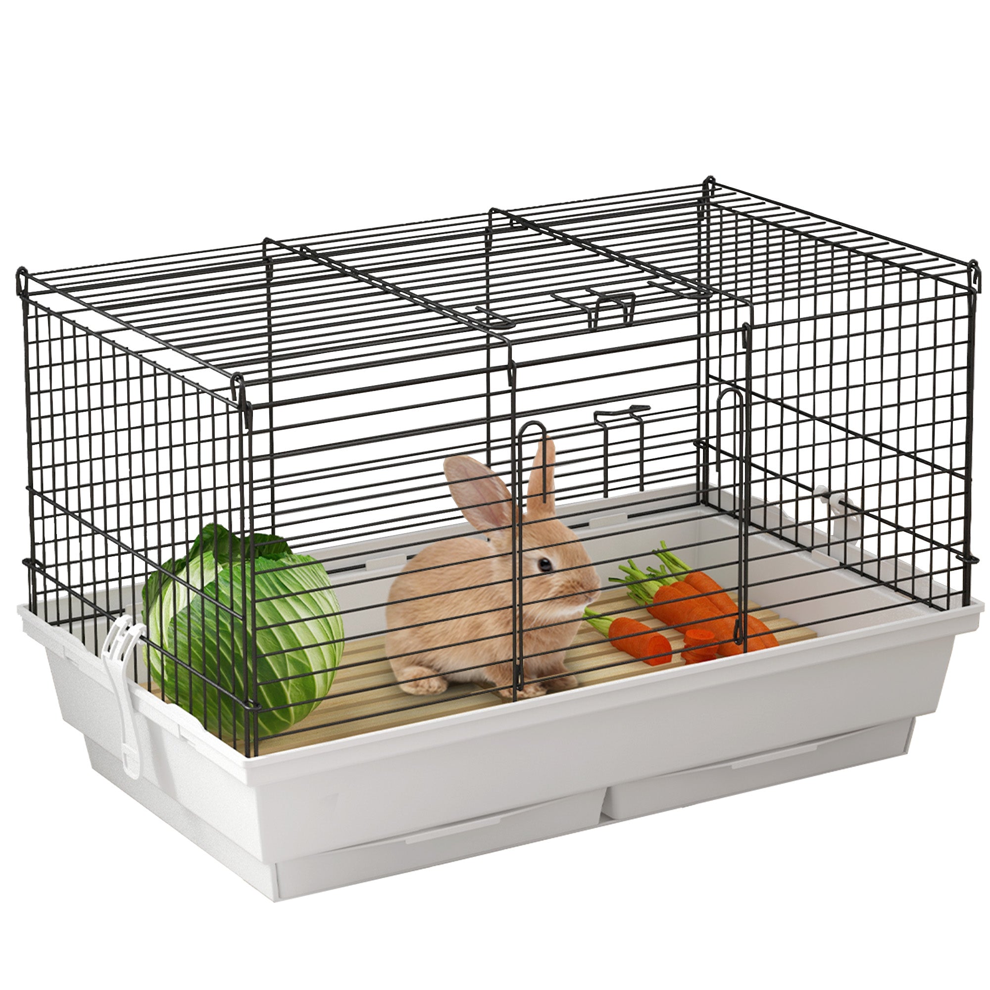 PawHut Small Animal Cage, Bunny Cage, Pet Pen with Sliding-out Trays, Bottom Wood Board, Doors, for Guinea Pigs, 24" x 15" x 16"
