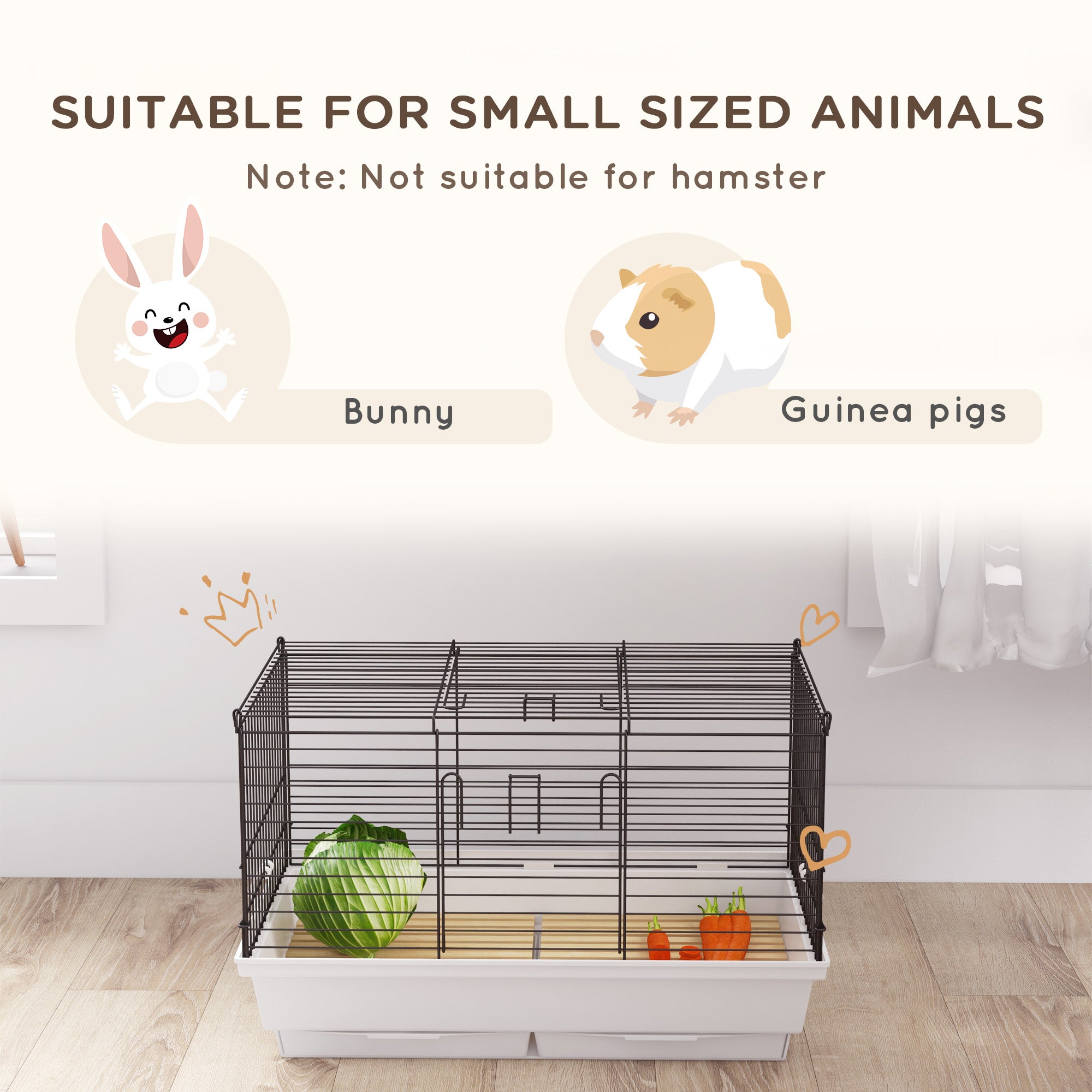 PawHut Indoor Small Animal Cage with Wood Floor, Bunny Guinea Pig House with Removable Trays, 61.5 x 38 x 40 cm, White