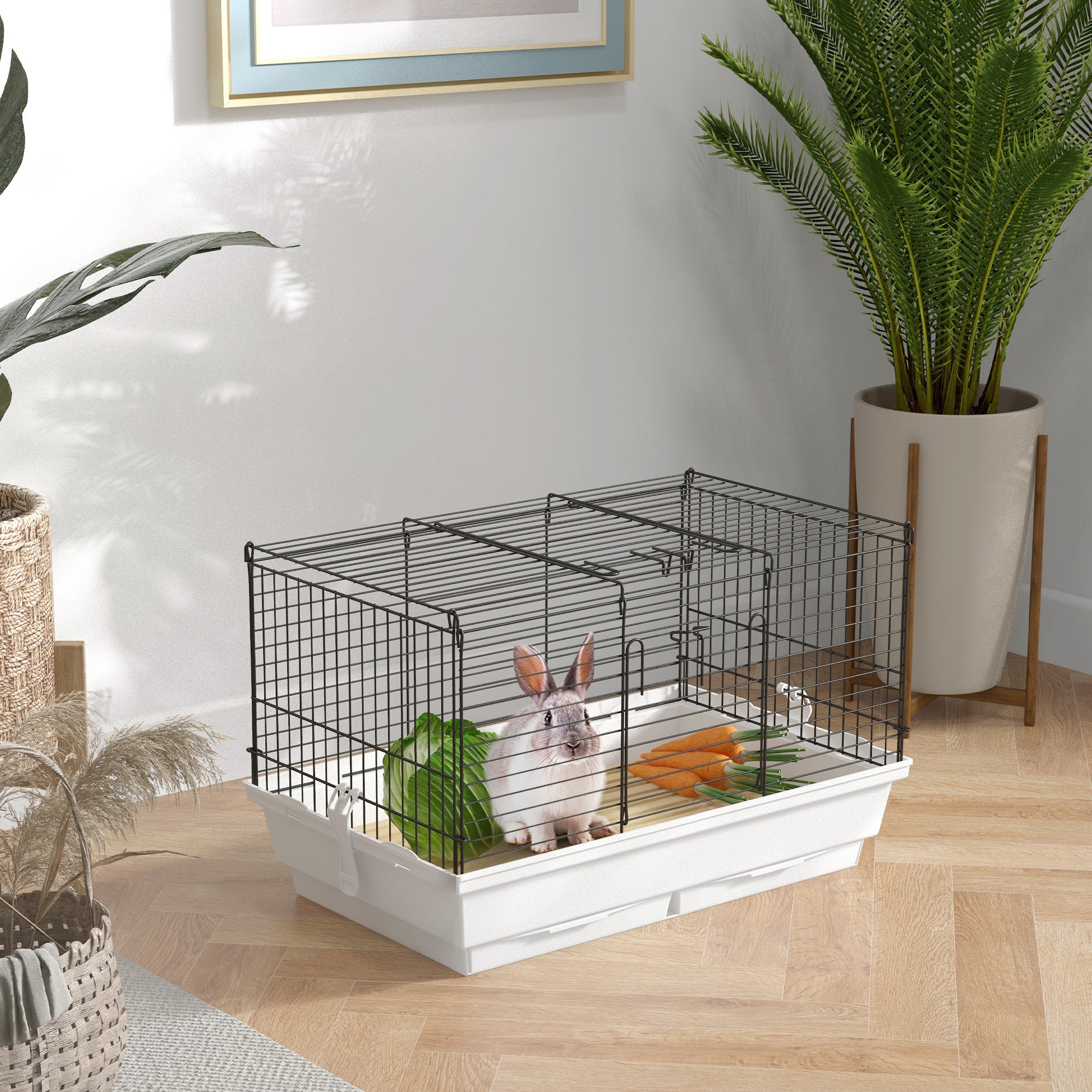 PawHut Indoor Small Animal Cage with Wood Floor, Bunny Guinea Pig House with Removable Trays, 61.5 x 38 x 40 cm, White