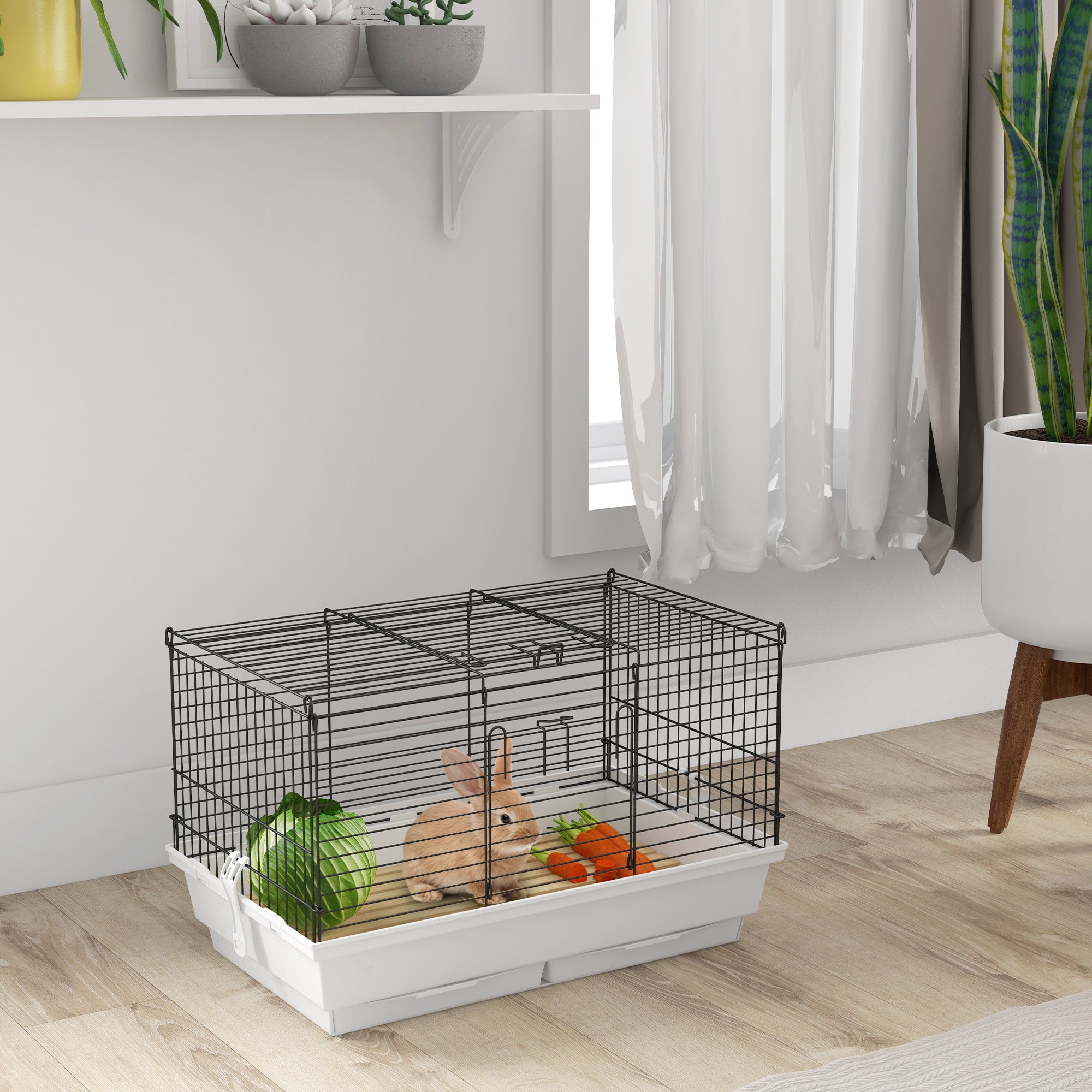 PawHut Indoor Small Animal Cage with Wood Floor, Bunny Guinea Pig House with Removable Trays, 61.5 x 38 x 40 cm, White