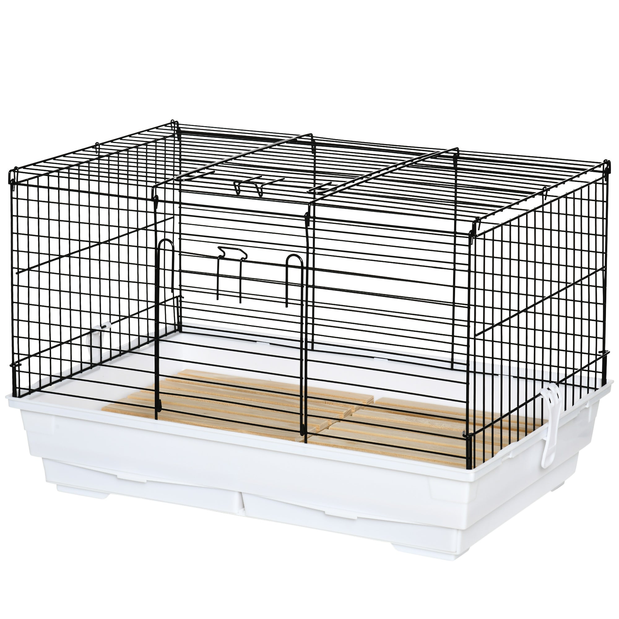 PawHut Indoor Small Animal Cage with Wood Floor, Bunny Guinea Pig House with Removable Trays, 61.5 x 38 x 40 cm, White