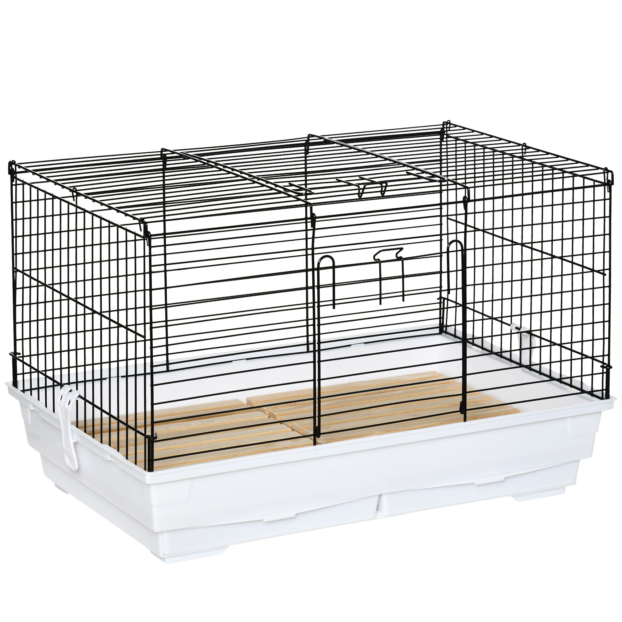 PawHut Indoor Small Animal Cage with Wood Floor, Bunny Guinea Pig House with Removable Trays, 61.5 x 38 x 40 cm, White