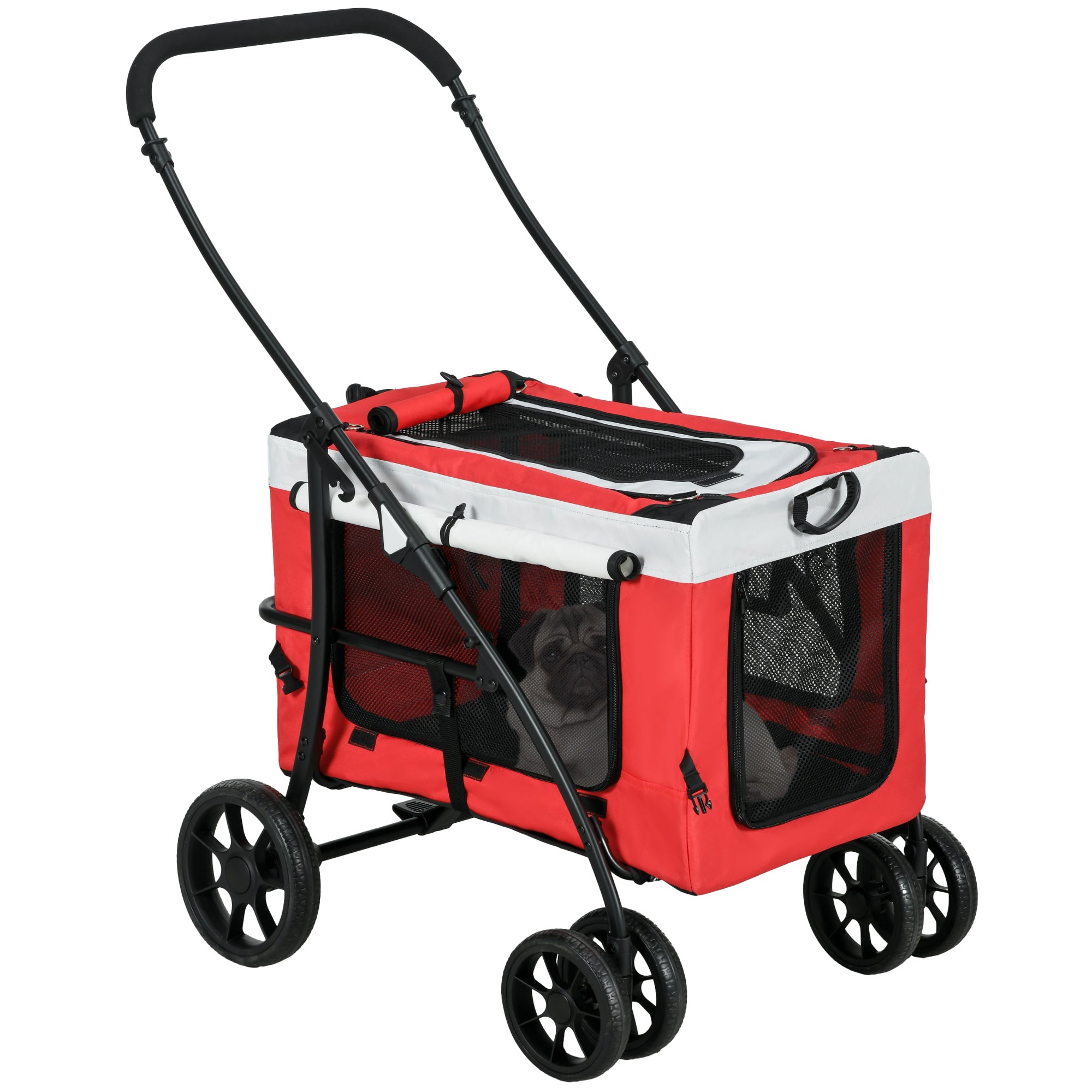 PawHut Dog Pram Dog Stroller Pet Pushchair with Detachable Carrier Soft Padding, Safety Leashes, for Mini and Small Dogs - Red
