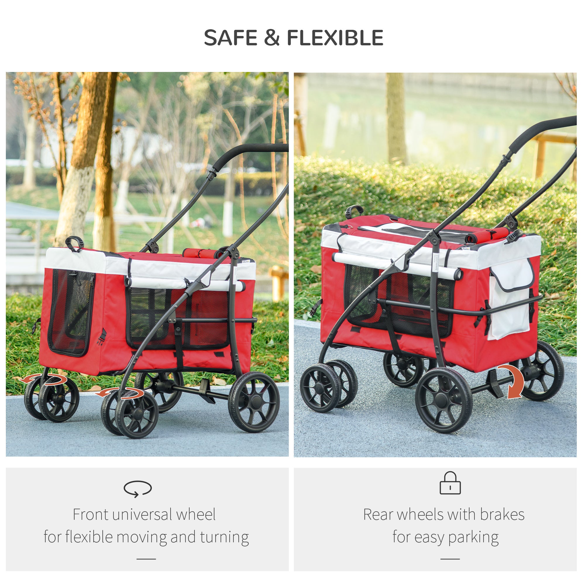 PawHut Dog Pram Dog Stroller Pet Pushchair with Detachable Carrier Soft Padding, Safety Leashes, for Mini and Small Dogs - Red