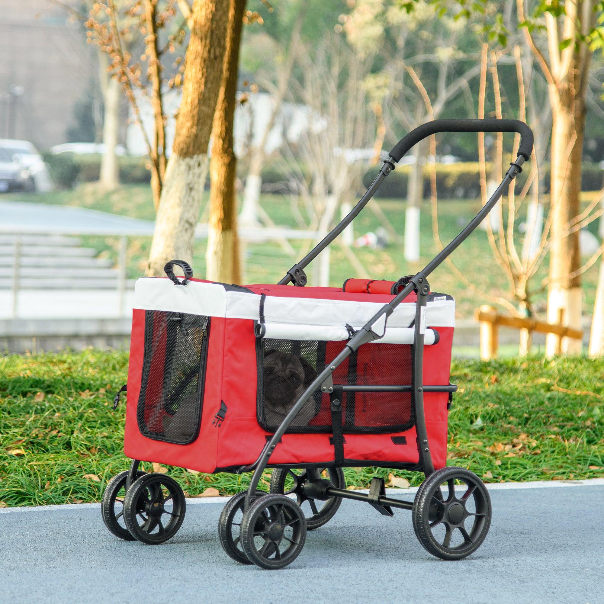 PawHut Dog Pram Dog Stroller Pet Pushchair with Detachable Carrier Soft Padding, Safety Leashes, for Mini and Small Dogs - Red