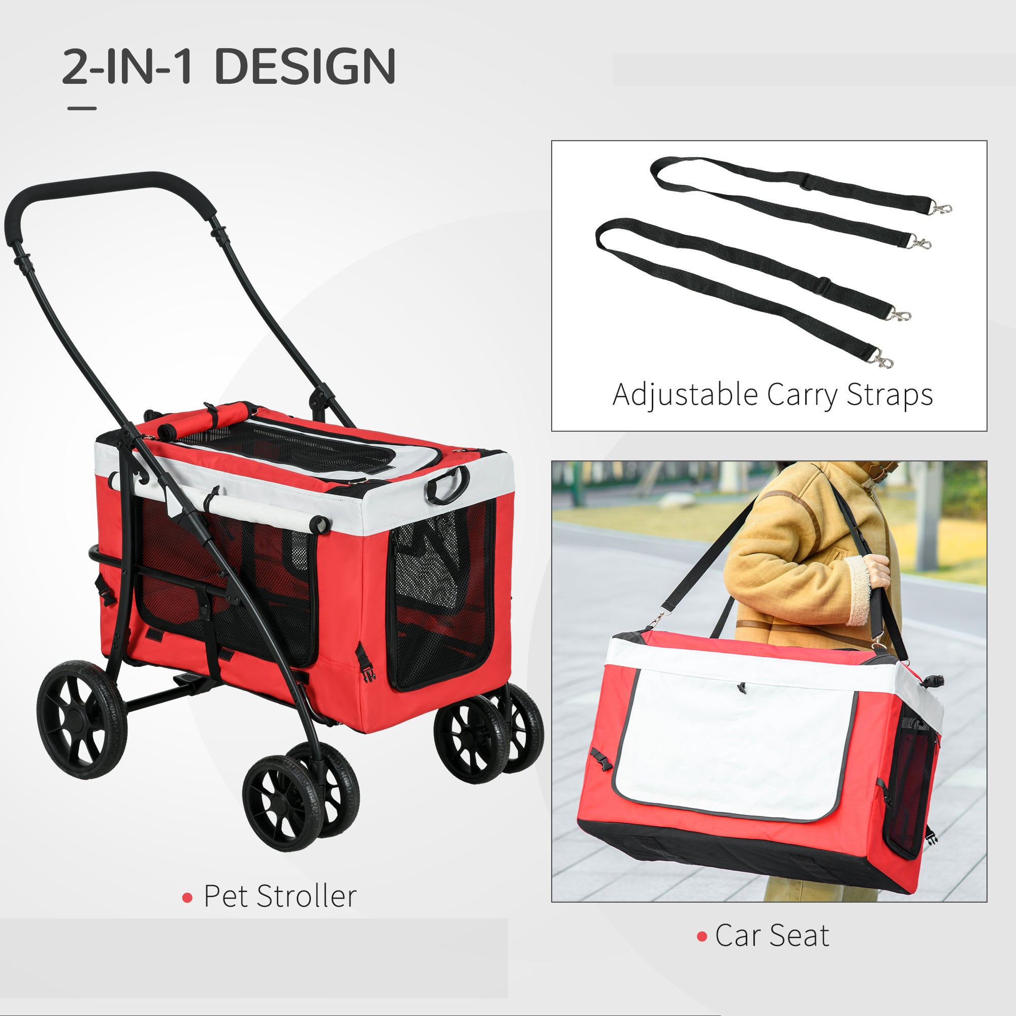 PawHut Dog Pram Dog Stroller Pet Pushchair with Detachable Carrier Soft Padding, Safety Leashes, for Mini and Small Dogs - Red