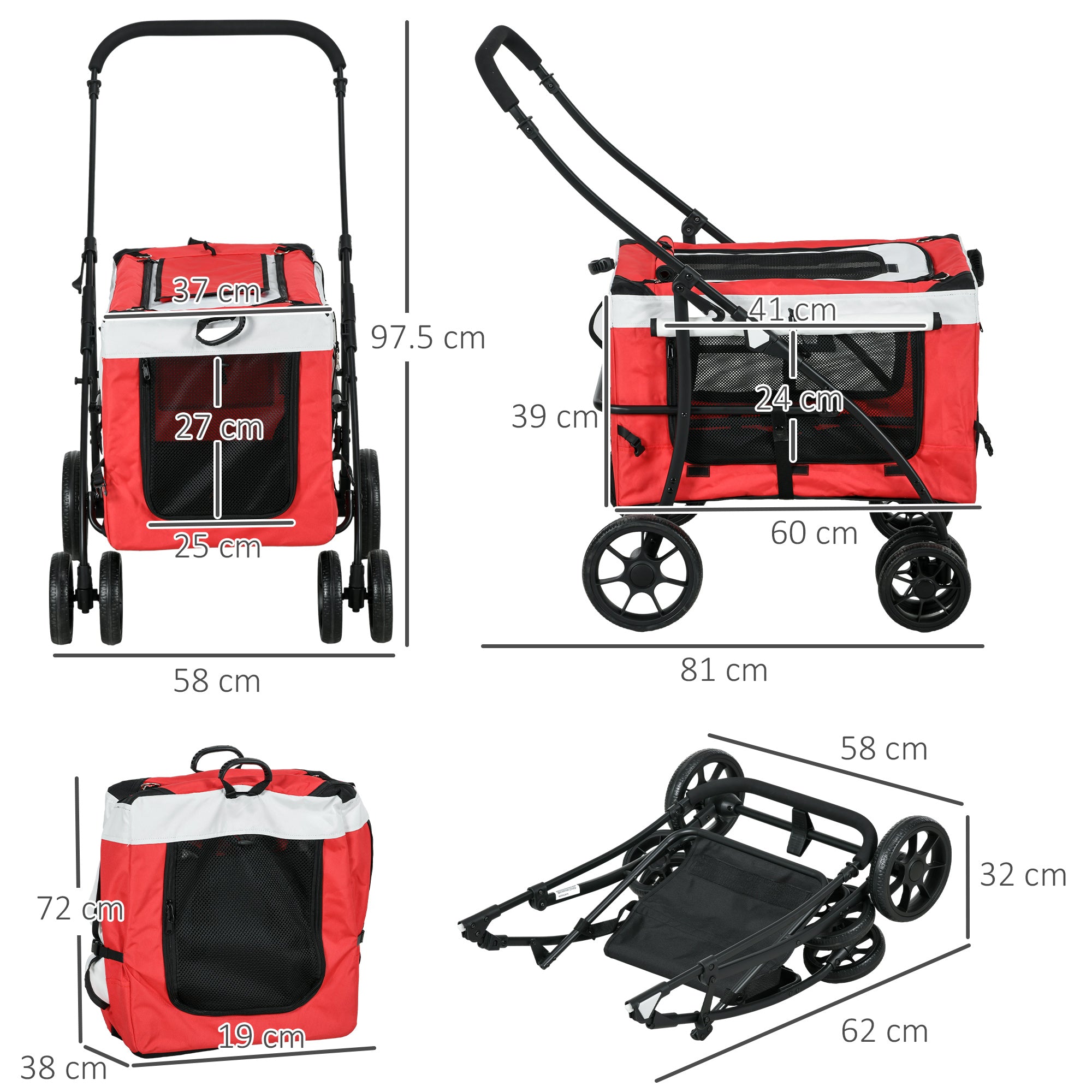 PawHut Dog Pram Dog Stroller Pet Pushchair with Detachable Carrier Soft Padding, Safety Leashes, for Mini and Small Dogs - Red