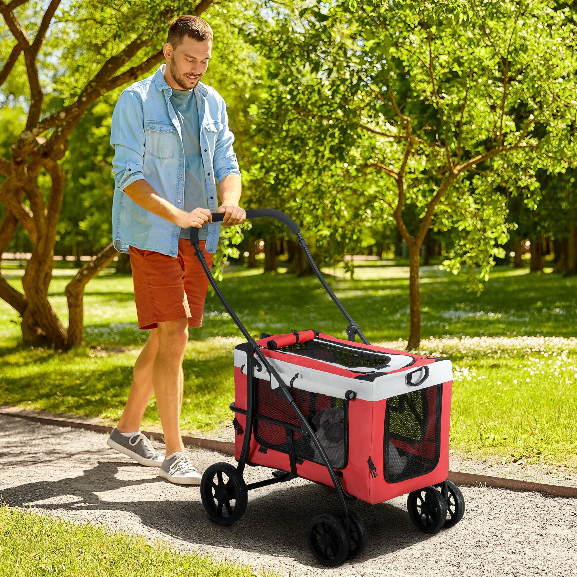 PawHut Dog Pram Dog Stroller Pet Pushchair with Detachable Carrier Soft Padding, Safety Leashes, for Mini and Small Dogs - Red