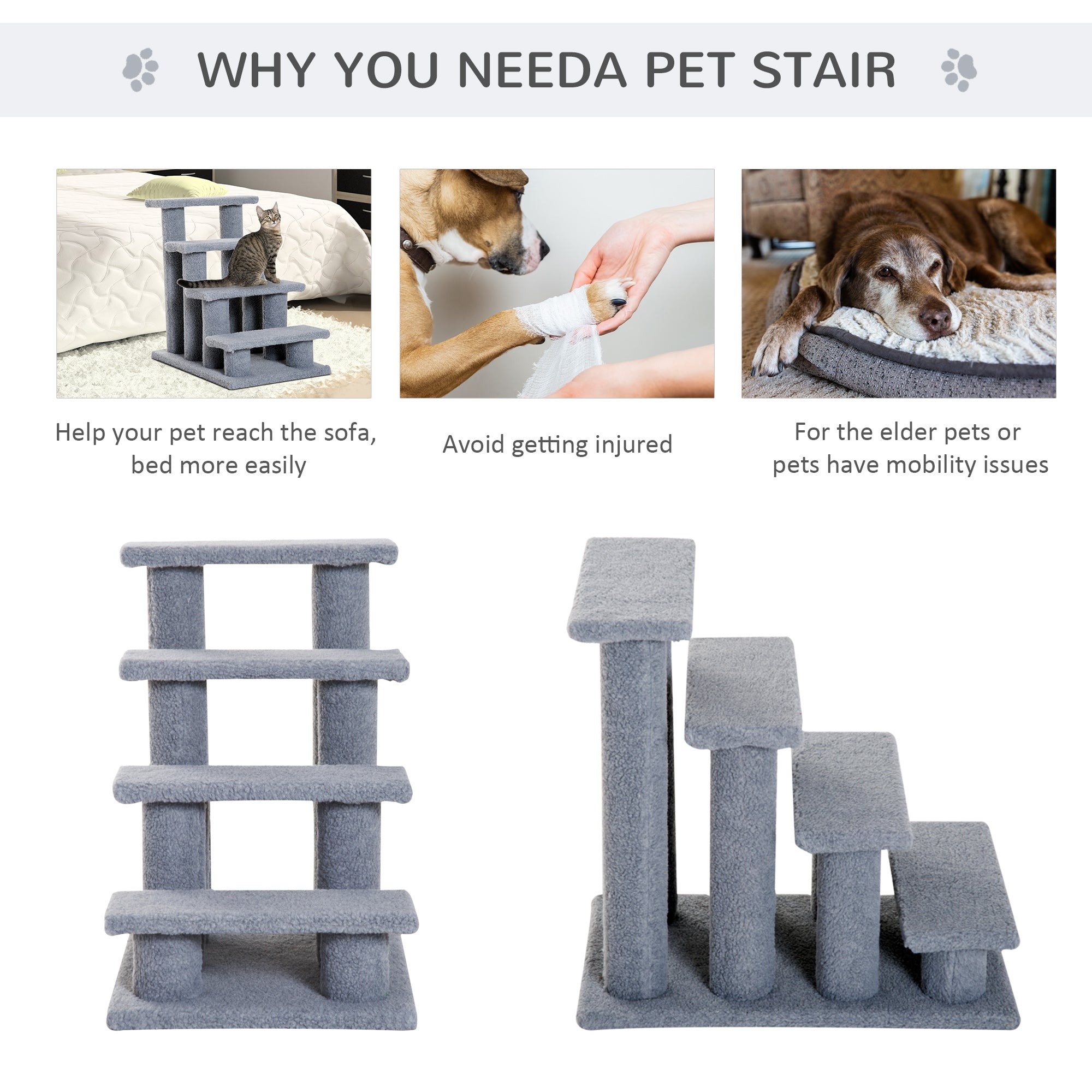 PawHut 4-Step Multi-Level Carpeted Cat Scratching Post Pet Stairs, Grey